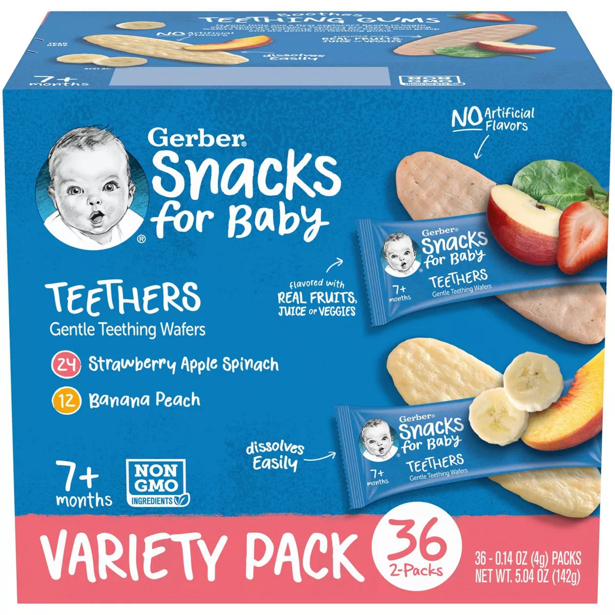 Gerber Baby Teething Wafers Variety Pack | 24 Strawberry Apple Spinach + 12 Banana Peach | 36 Pieces | 7+ Months | Non-GMO & Gluten-Free Snacks