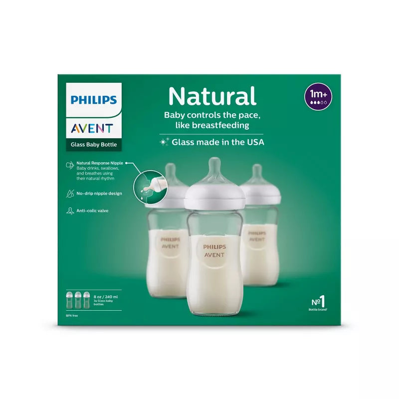 Philips Avent Glass Natural Baby Bottle (240ml, 3-Pack) | Natural Response Nipple with Anti-Colic Valve (Flow 3, 1m+) | Premium BPA-Free Borosilicate Glass