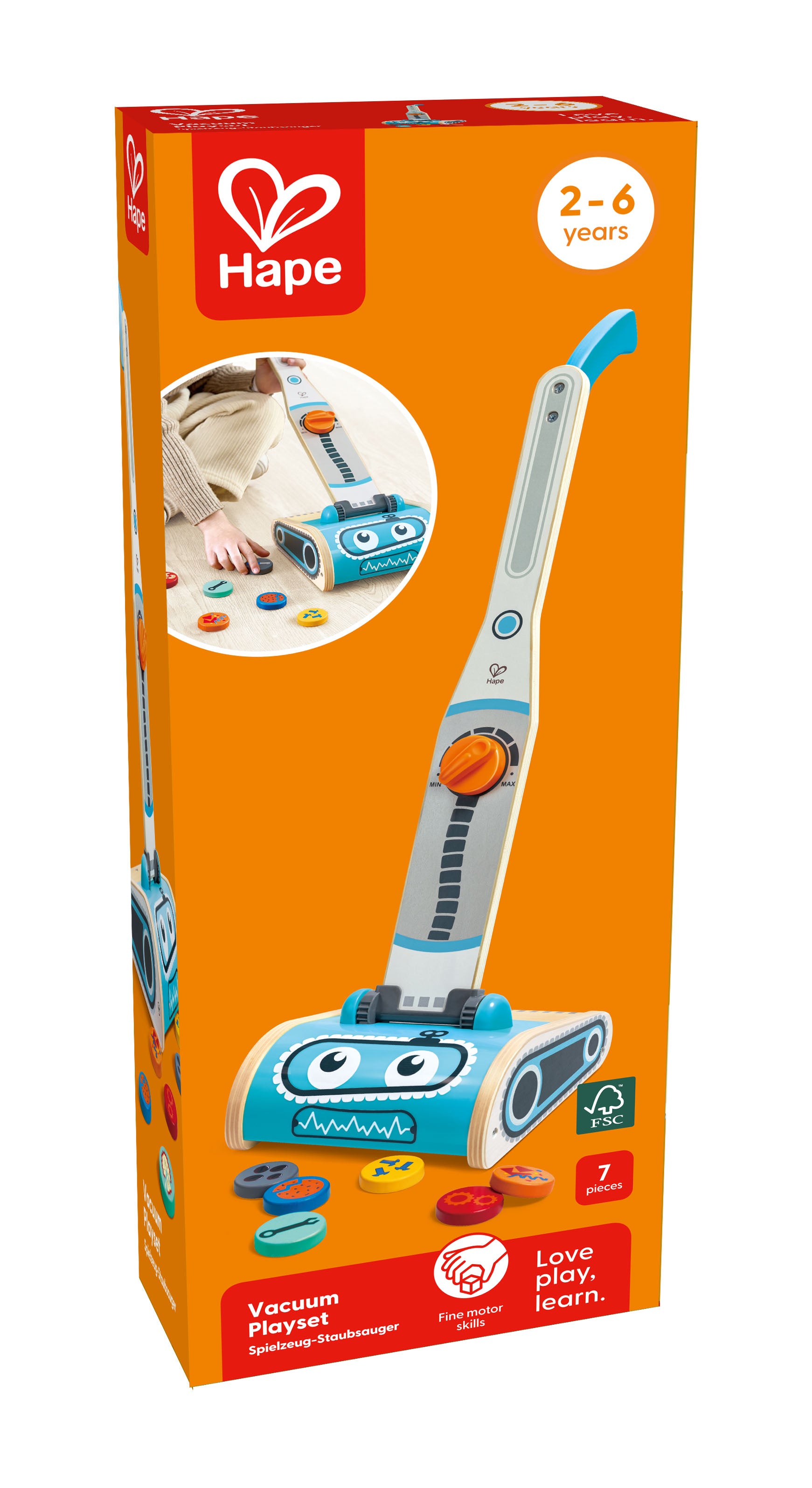 Hape Vacuum Playset for Kids – 7-Piece Robot Face Cleaning Toy | Pretend Play for 2–6 Year Olds | Enhances Motor Skills & Confidence through Tidy Fun