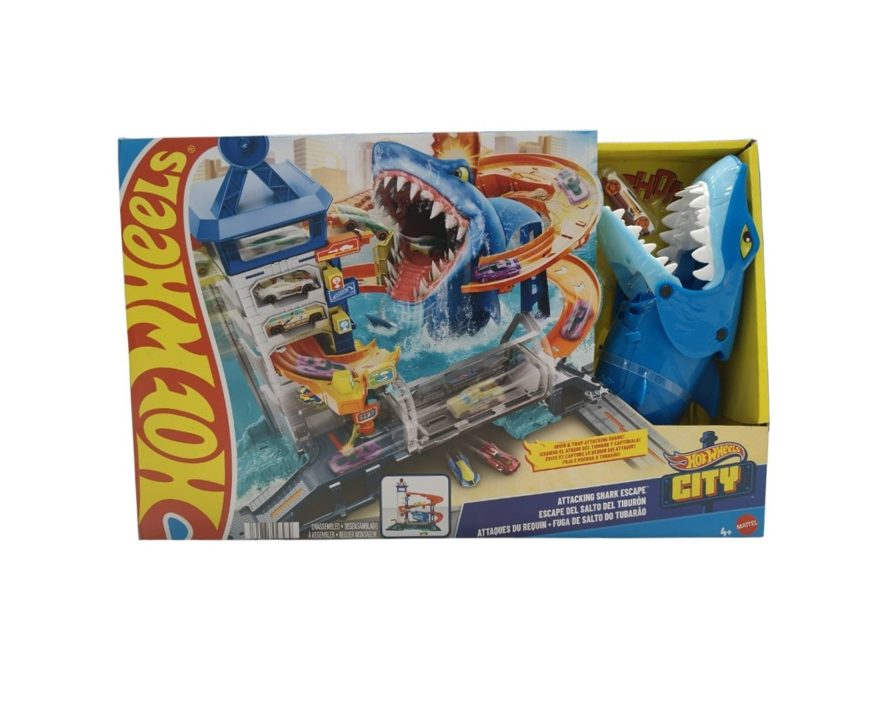 Hot Wheels City Attacking Shark Escape Track Set with Parking Garage, Random Shark Attack, Trap Cage, and 1 Hot Wheels 1:64 Scale Toy Car for Kids 4+ Years | HDP06