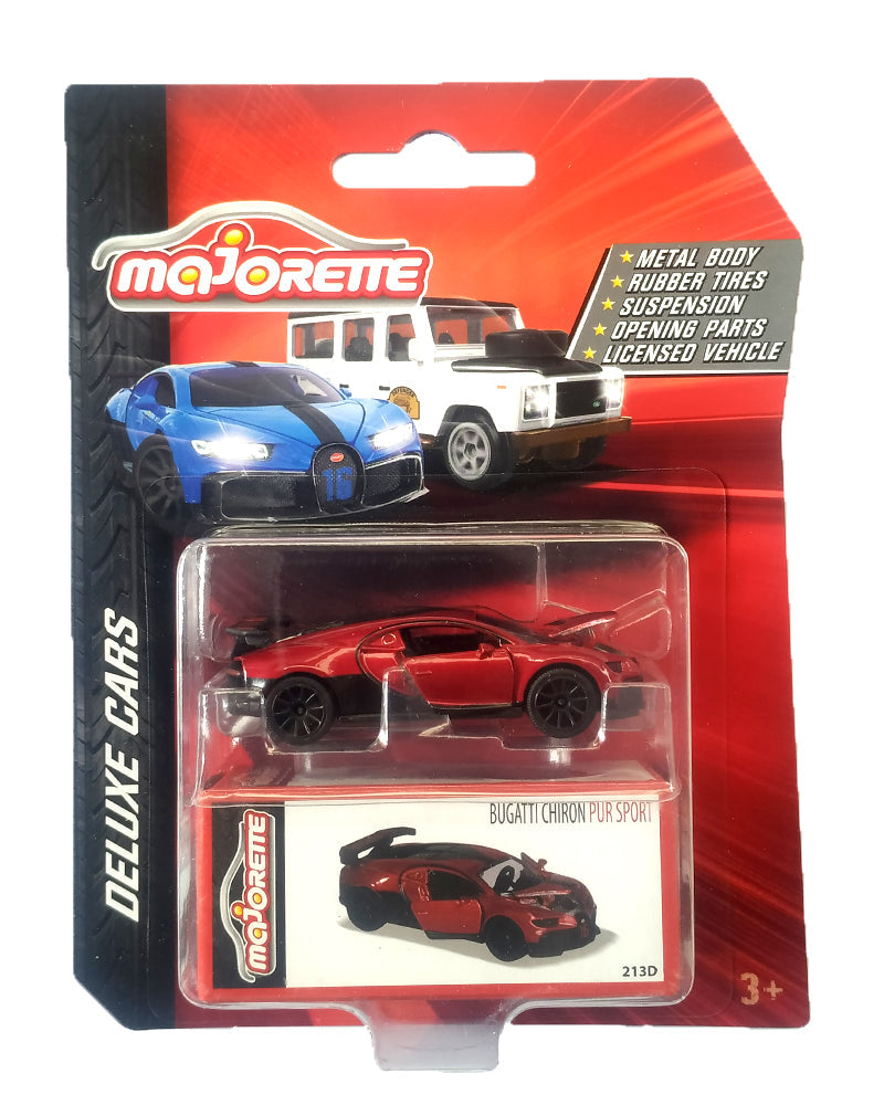 Majorette Deluxe Cars: Bugatti Chiron PUR Sport | 1:64 Scale Officially Licensed Die-Cast Model with Collector's Box | Red or Blue Variant