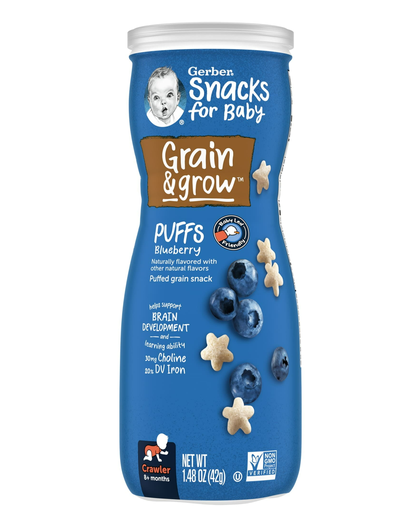 Gerber Grain & Grow Blueberry Puffs – Whole Grain Baby Snack with Iron, Vitamin E & Zinc – No Artificial Flavors – 8+ Months – 42g (1.48 oz)