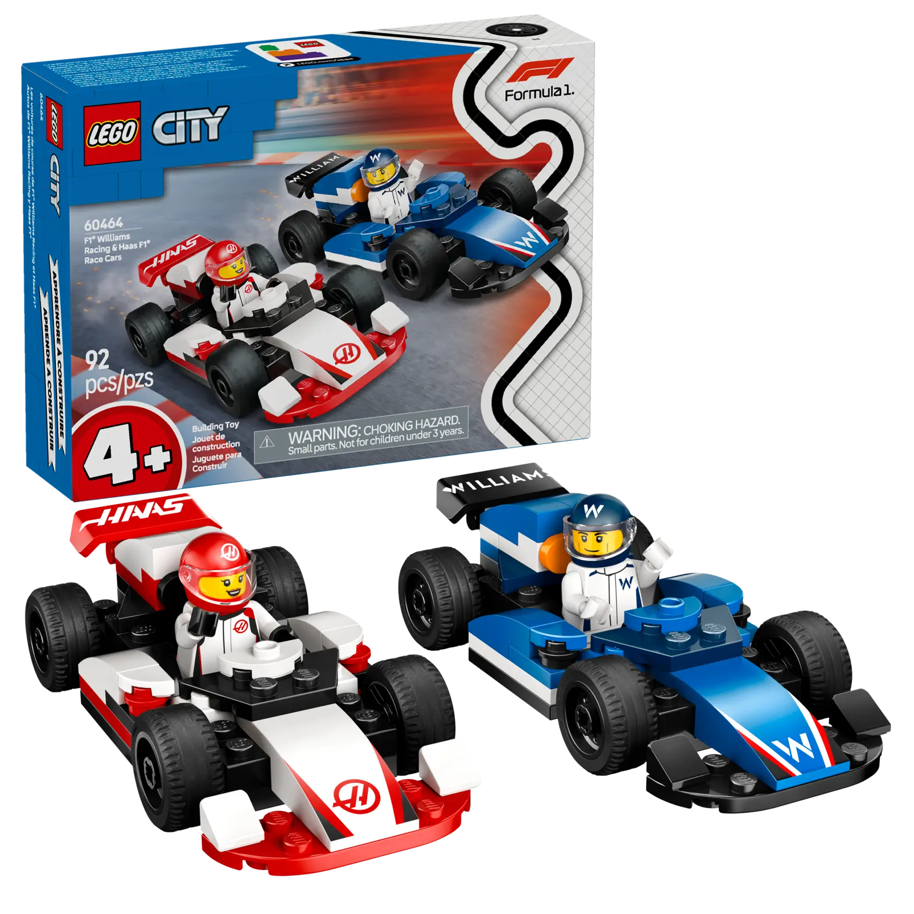 LEGO City 60464 Williams Racing & Haas F1 Team Race Cars, 2-in-1 Toy Building Set with Starter Bricks, 2 Minifigures, and Accessories for Kids Aged 4 and Up (92 Pieces)