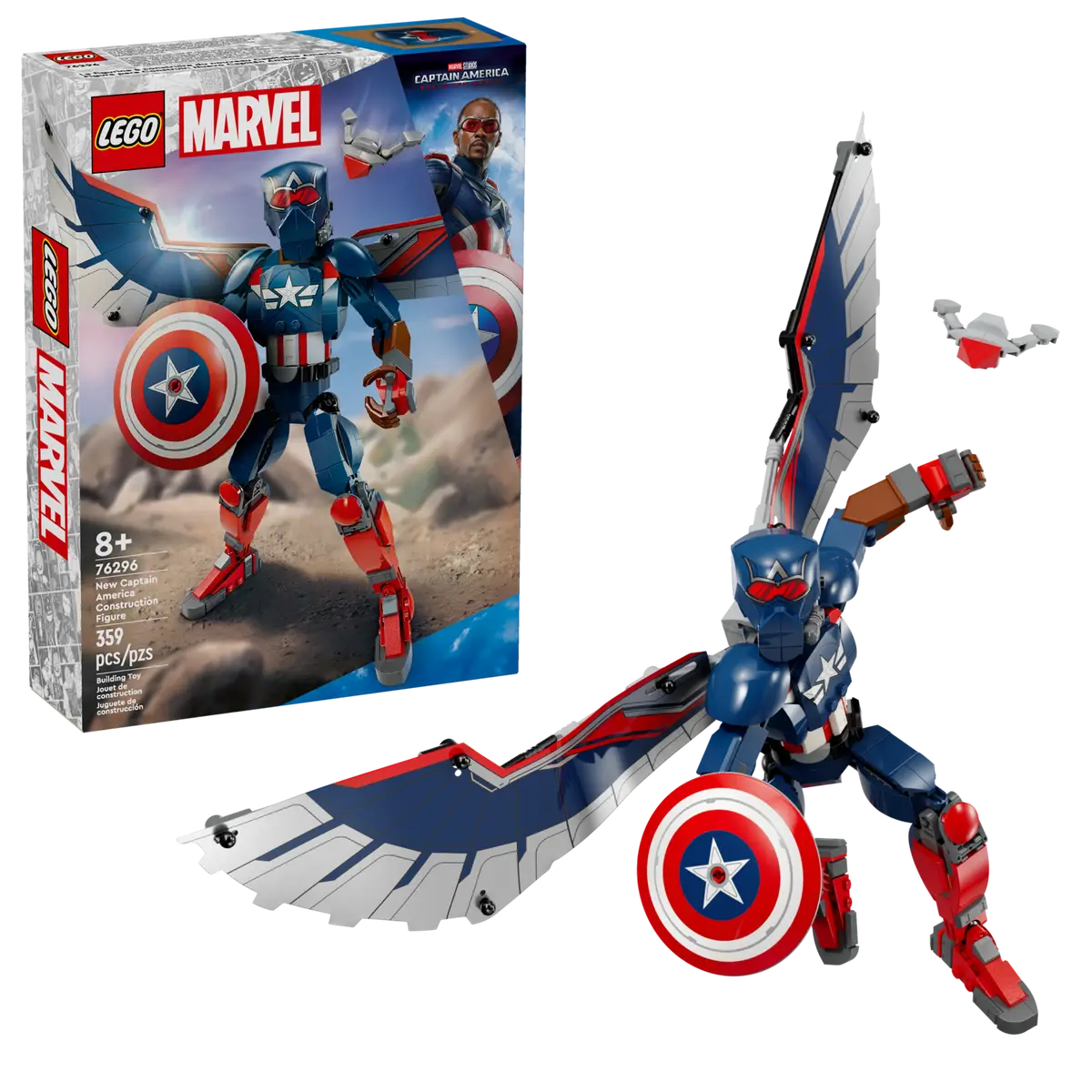 LEGO Marvel 76296 New Captain America Construction Figure, Fully Posable Superhero Action Figure with Iconic Shield, Detachable Redwing Drone, and Buildable Wings, Toy for Kids Aged 8+ (359 Pieces)
