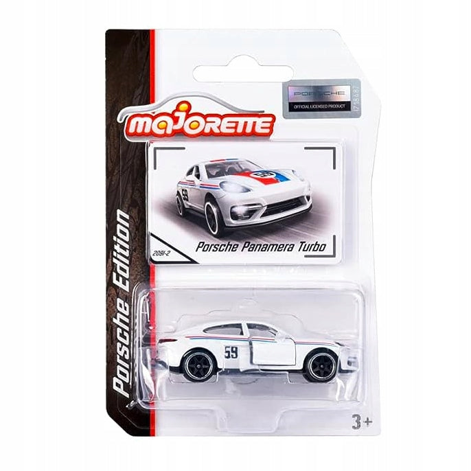Majorette Porsche Edition - Porsche Panamera Turbo | 1:64 Scale Die-Cast Car | Official Licensed Product | White with Racing Stripes & Number 59
