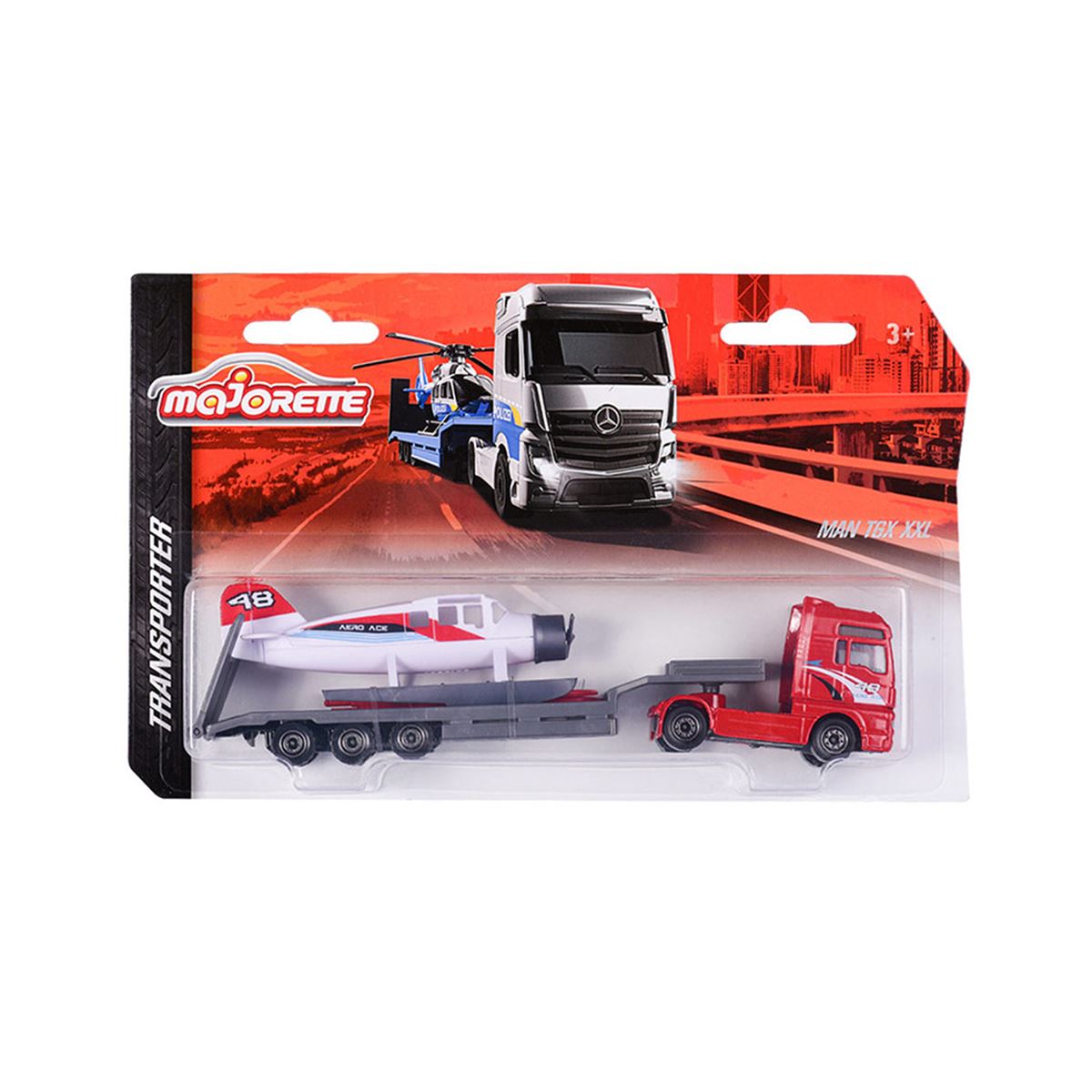 Majorette Transporter Series – Mercedes-Benz Actros & MAN TGX XXL Die-Cast Truck with Speedboat, Police Helicopter, Spacefleet, Tractor, Aeroplane & More | 3+ Years