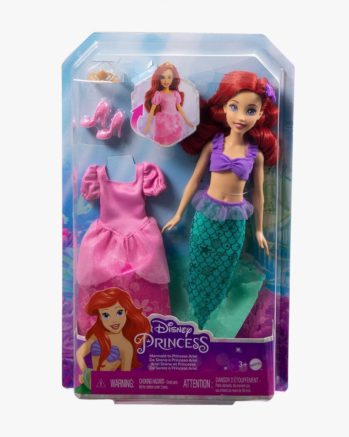 2-in-1 Disney Princess Mermaid to Princess Ariel Doll Set – Transformation with Gown, Mermaid Tail & Accessories for Kids 3+ Years