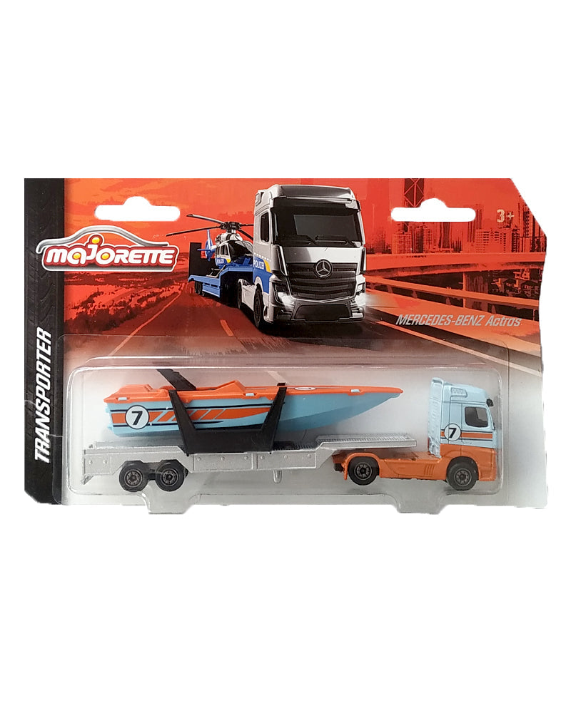 Majorette Transporter Series – Mercedes-Benz Actros & MAN TGX XXL Die-Cast Truck with Speedboat, Police Helicopter, Spacefleet, Tractor, Aeroplane & More | 3+ Years