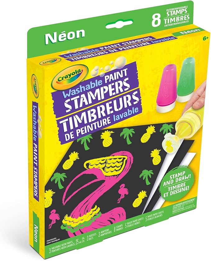Crayola Washable Paint Stampers Set for Kids – 8 Interchangeable Neon Stamp Designs, 3 Washable Paint Bottles, Nozzles & Paper Sheets | Easy-Clean, Mess-Free Painting Activity Kit for Ages 7+