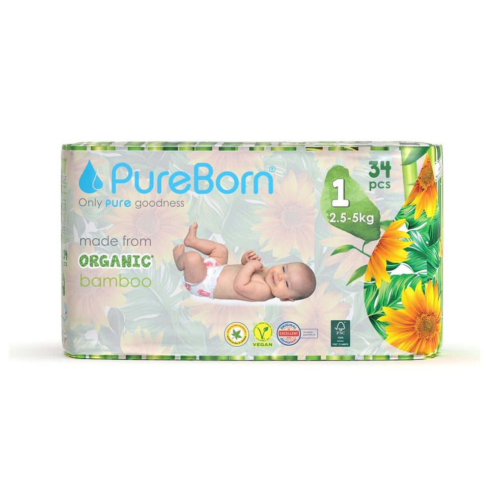 PureBorn Organic Bamboo Diapers for Newborns Size 1 (2.5–5kg) | 34 Pcs | Super Absorbent, Hypoallergenic & Eco-Friendly | Ultra-Soft & Dermatologically Tested Baby Nappies – 800g Pack