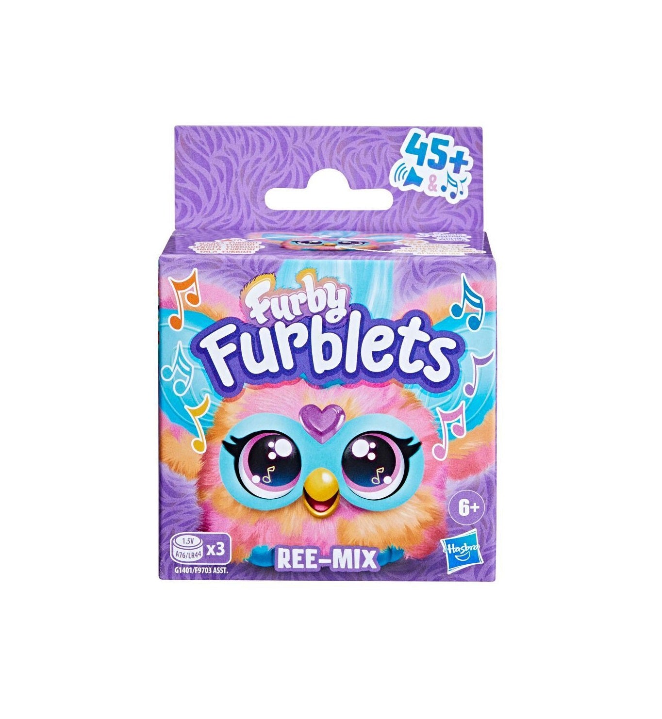 Packaging of Furbly Furblets toy with colorful design and purple background