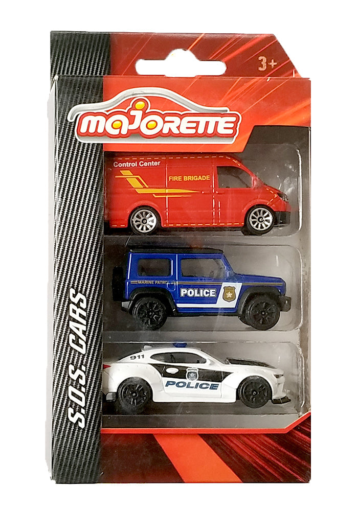 Majorette SOS Toy Vehicle Set – 3 Emergency Vehicles from the S.O.S. Cars Edition (Shipped at Random) | 1:64 Scale Die-Cast Model Cars with Rubber Tires, Suspension & Opening Parts | Licensed Vehicles