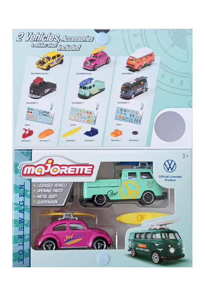 Majorette Volkswagen The Originals 2-Vehicle Gift Pack (3 Assorted Sets) | Officially Licensed Die-Cast Cars with Accessories & Sticker Sheet, for Kids & Collectors Aged 3+