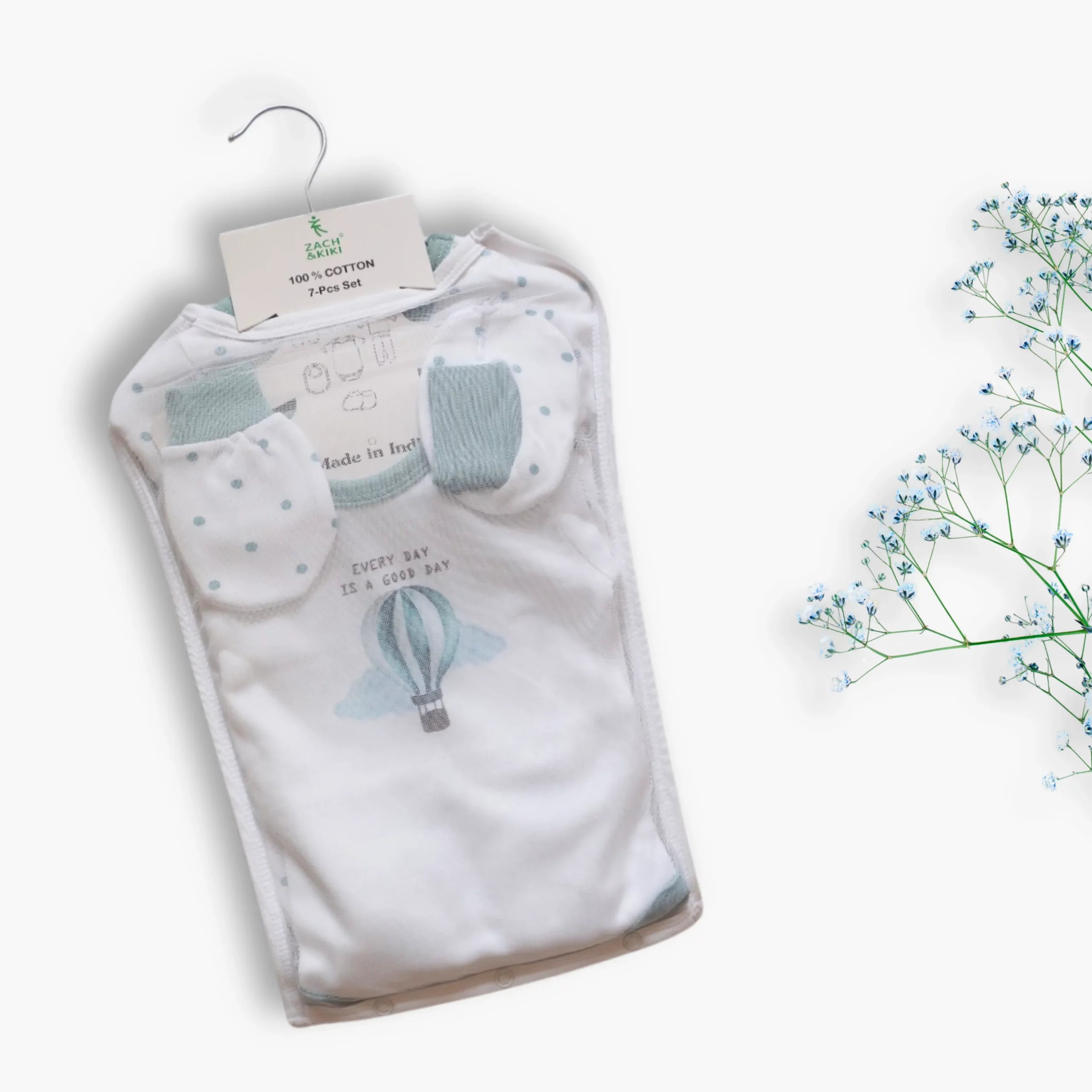 Zach & Kiki Infant 7 Piece Gift Set – Hot Air Balloon Theme, 100% Cotton Newborn Essentials with Bodysuit, Sleepsuit, Bib, Cap, Mittens, and Booties