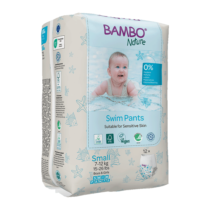 Bambo Nature Eco-Friendly Baby Swim Pants Diapers – Sizes S (7–12 kg) & M (12+ kg) | Soft, Leak-Proof Disposable Swim Diapers for Sensitive Skin | Certified Non-Toxic, Tear-Away Sides | 12 Count Pack for Pool & Beach Fun