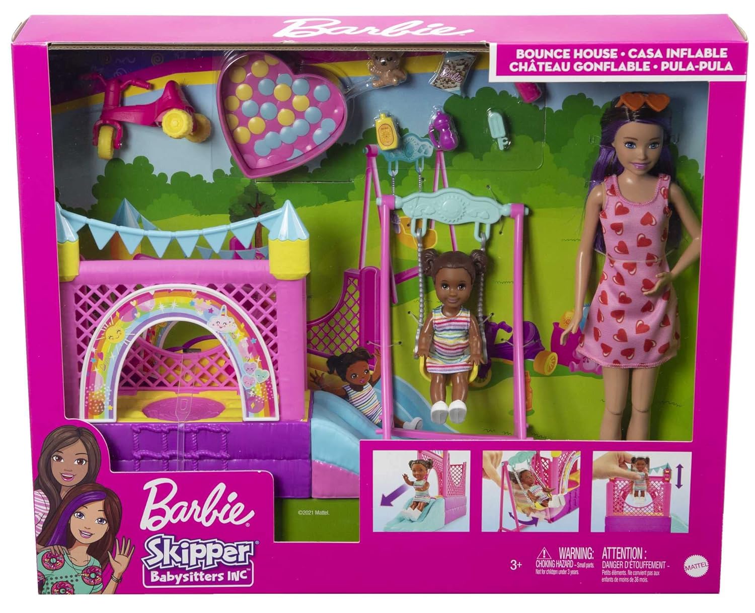 Barbie Skipper Babysitters INC Playset with Bounce House, Swing & Tricycle – Fun Playground Adventure for Kids 3+ Years