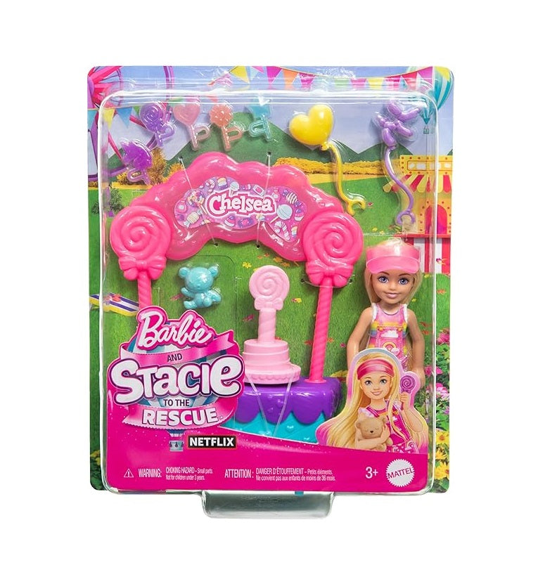 Barbie Chelsea Doll & Lollipop Stand Playset with Spinning Candy Display, Lollipops, Teddy Bear, Balloons & Accessories – 10-Piece Toy Set Inspired by Barbie and Stacie to the Rescue – HRM07