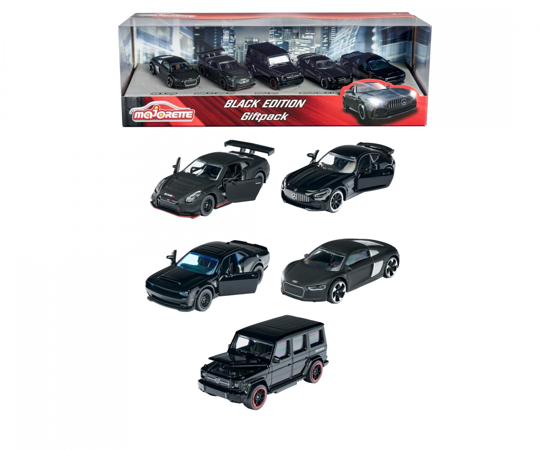 Majorette Black Edition 5 Pieces Giftpack – 1:64 Scale Die-Cast Cars | Premium Black-Themed Collection | Includes Mercedes-AMG GT R, Dodge Challenger SRT Demon, Nissan GT-R Nismo GT3, Brabus B63s, and Audi R8 Coupé – 7.5 cm Metal Toy Cars