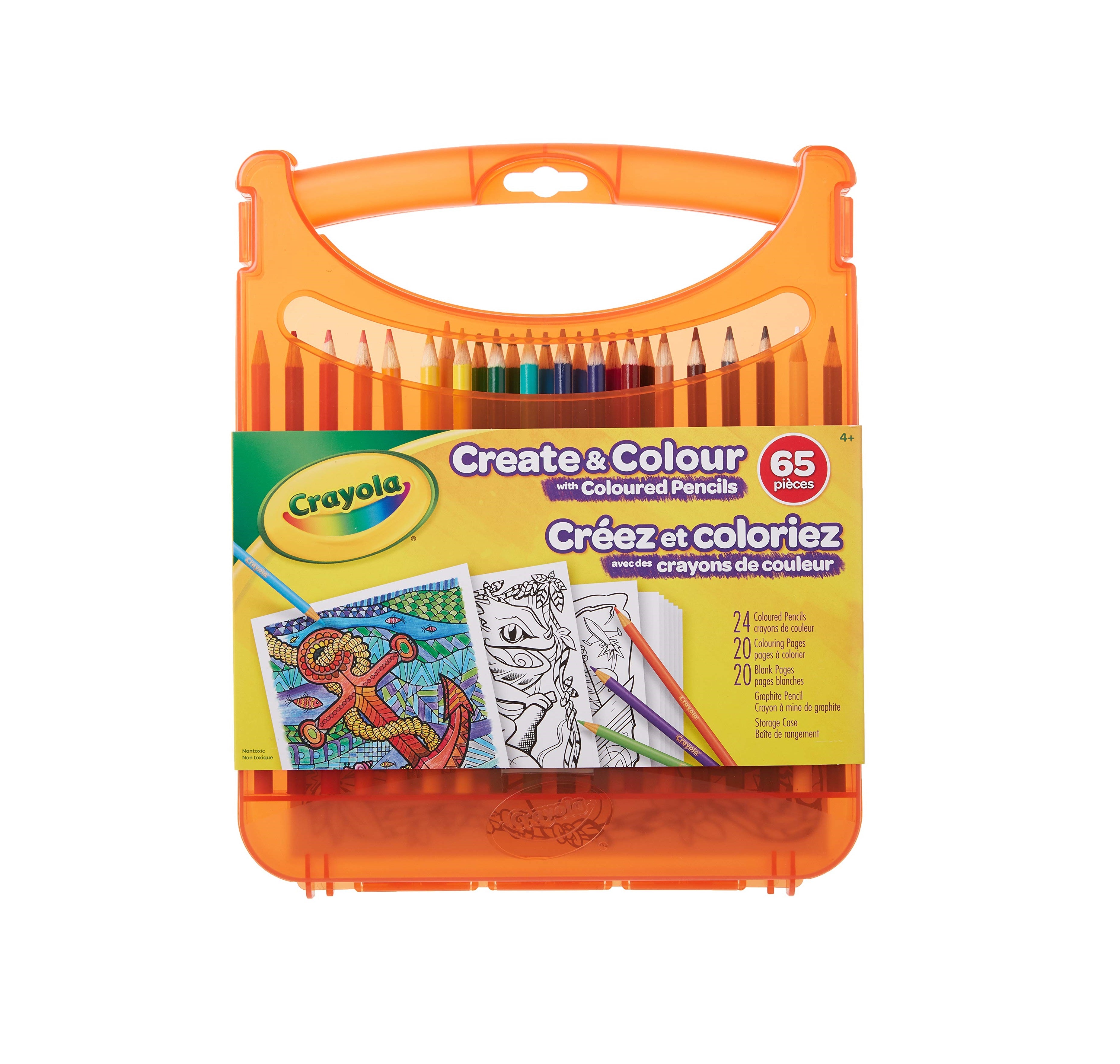 Crayola Create & Colour 65-Piece Coloured Pencils Set with Line Art & Blank Sheets – Art Kit for Kids Aged 4+, Durable Case Included