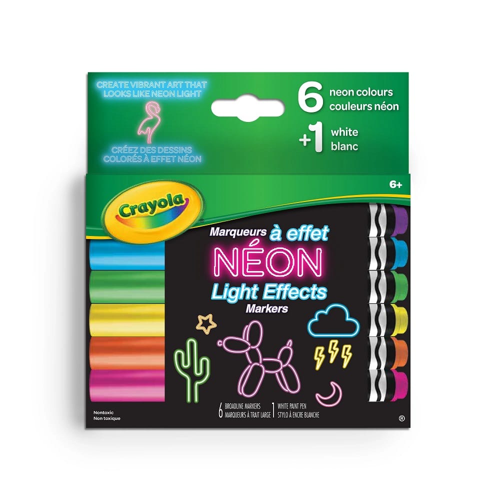 Crayola Neon Light Effects Markers Pack – 6 Gel FX Neon Colours + 1 White Paint Pen | For Age 6+ | Broad Line Tip | Vibrant Neon Art Without Special Lighting | Works on Light & Dark Paper