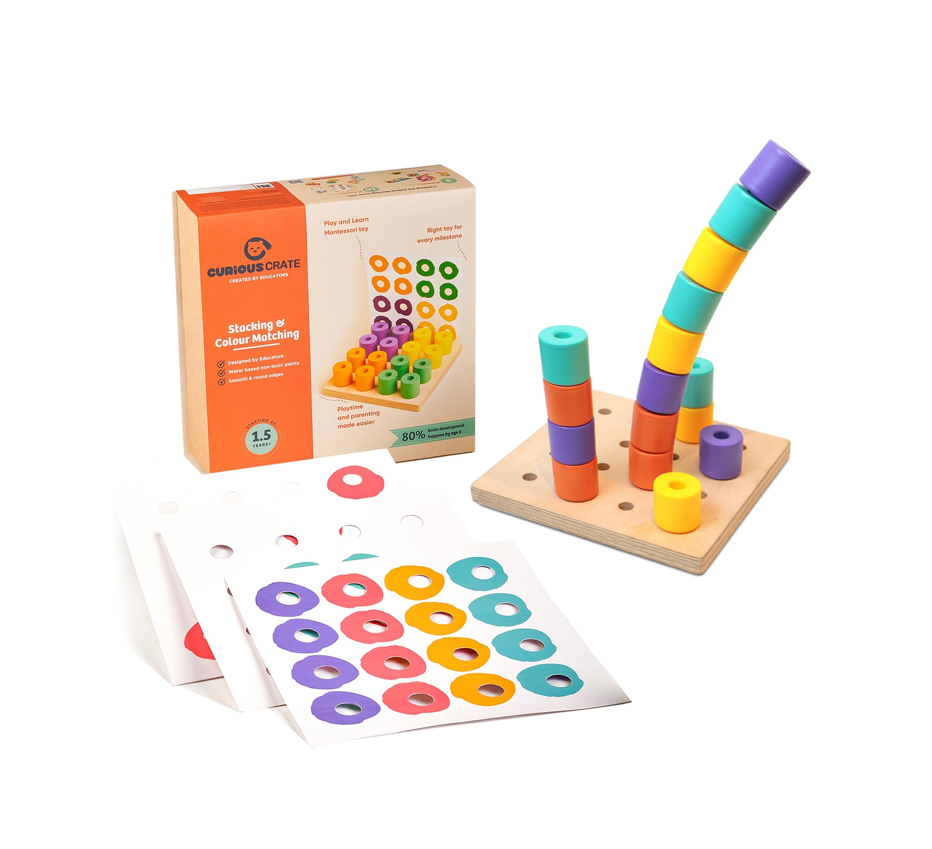 Curious Cub Wooden Stacking & Colour Matching Toy, Montessori-Inspired Educational Ring Stacker for Toddlers Aged 1.5 Years+, Develops Hand-Eye Coordination, Color & Size Recognition