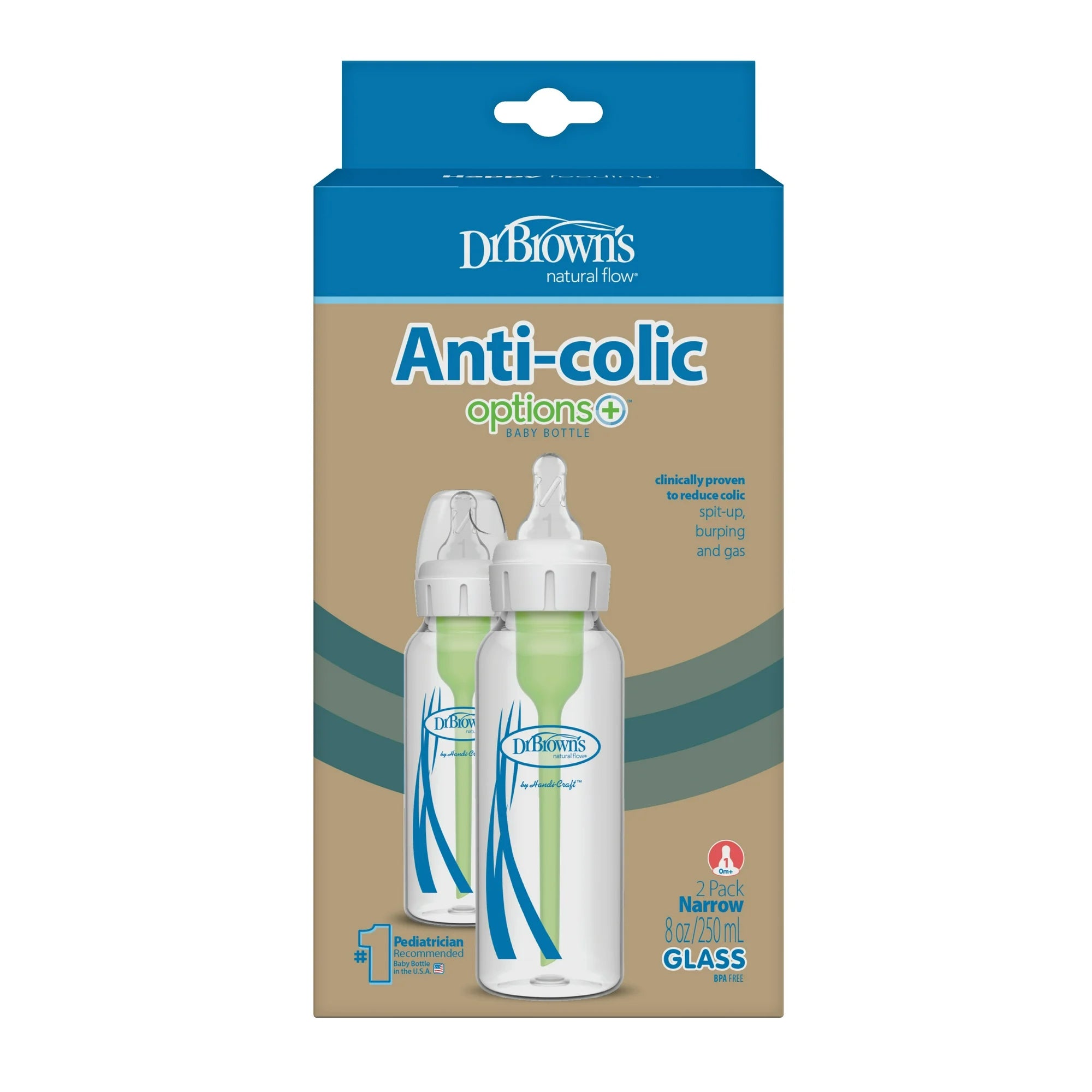 Dr. Brown’s Natural Flow Anti-Colic Options+ Narrow Glass Baby Bottle 8 oz (250mL), Level 1 Slow Flow Nipple, 2-Pack | BPA-Free Borosilicate Glass | Reduces Colic, Gas & Spit-Up | Vacuum-Free Breastfeeding-Like Feeding | 0m+ - MINIMEE KIDS