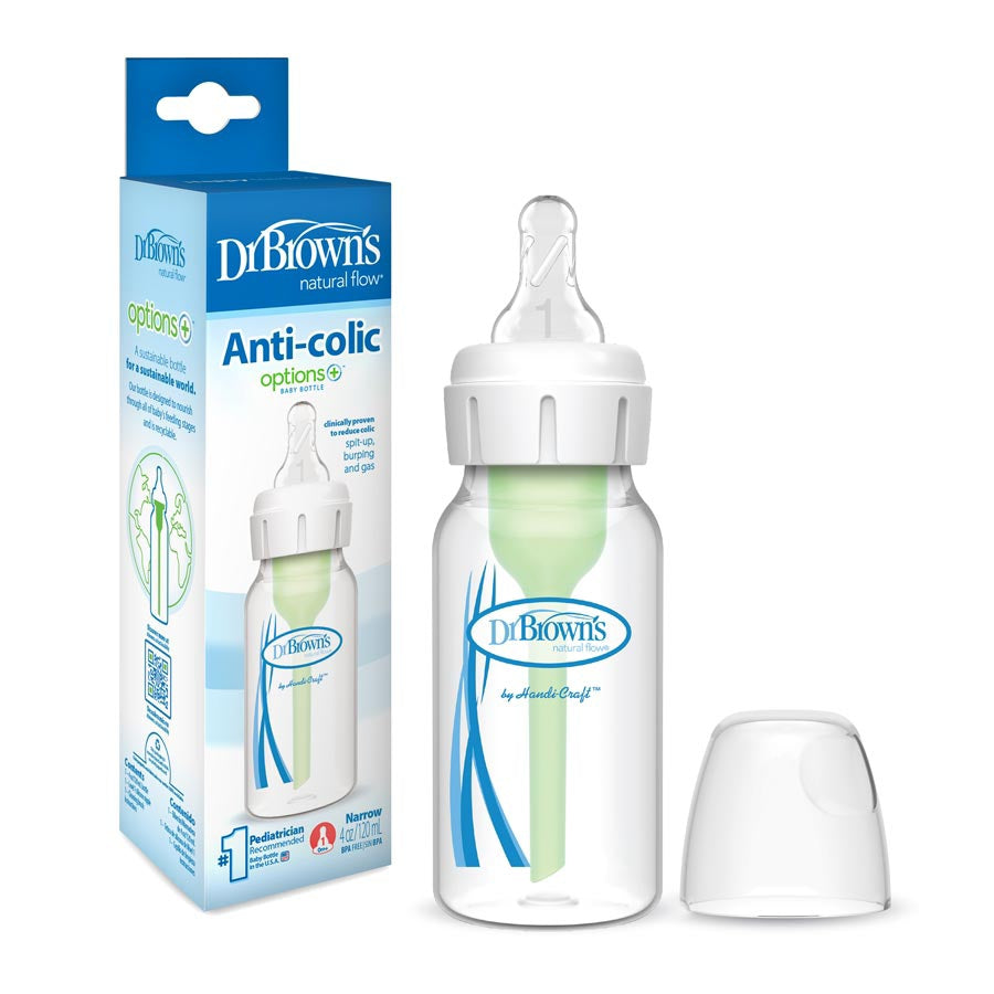 Dr. Brown’s Natural Flow Options+ Narrow Neck Anti-Colic Baby Bottle – 120ml | Level 1 Teat for Newborns | BPA-Free | Use With or Without Vent System | Reduces Gas, Spit-Up & Colic