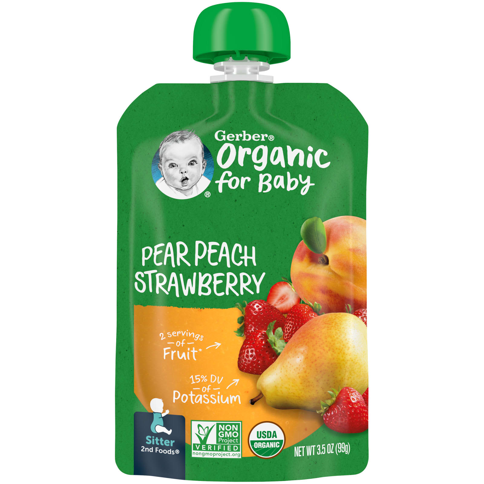 Gerber Organic for Baby Sitter 2nd Foods | Pear Peach Strawberry | 3.5 oz (99 g) | USDA Organic Baby Fruit Puree Pouch for Sitter Stage | No Added Sugar | Non-GMO | BPA-Free Packaging
