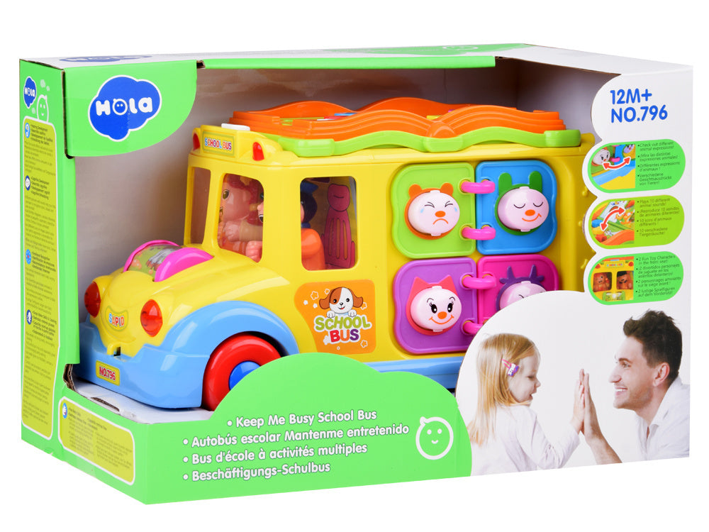 Hola Keep Me Busy School Bus Toy – Interactive Musical Light & Sound Bus with Puzzle Doors, Animal Sounds & Obstacle Avoidance | Early Learning Toy for Toddlers 12M+ | Model No. 796 | Multi-Sensory Play & Cognitive Development