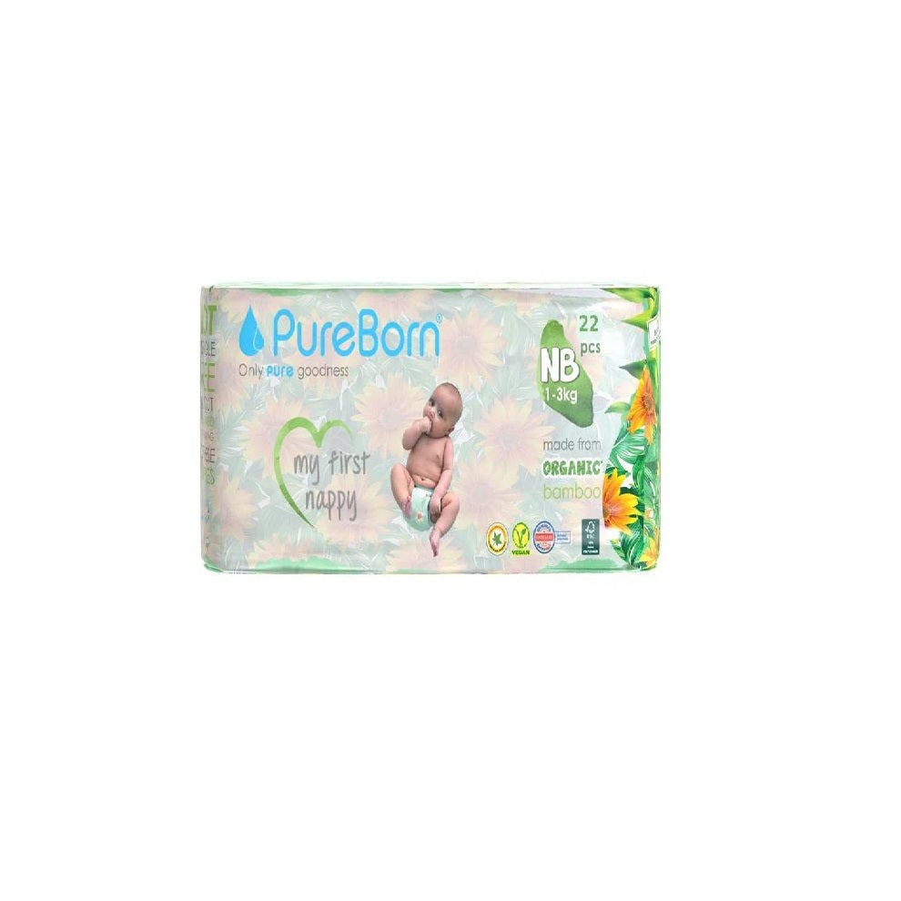 PureBorn Organic Bamboo Diapers NB Size (1–3 kg) – 22 Pcs | Ultra Gentle, Hypoallergenic, Eco-Friendly Newborn Nappies | Soft Waistband & Wetness Indicator for Sensitive Skin