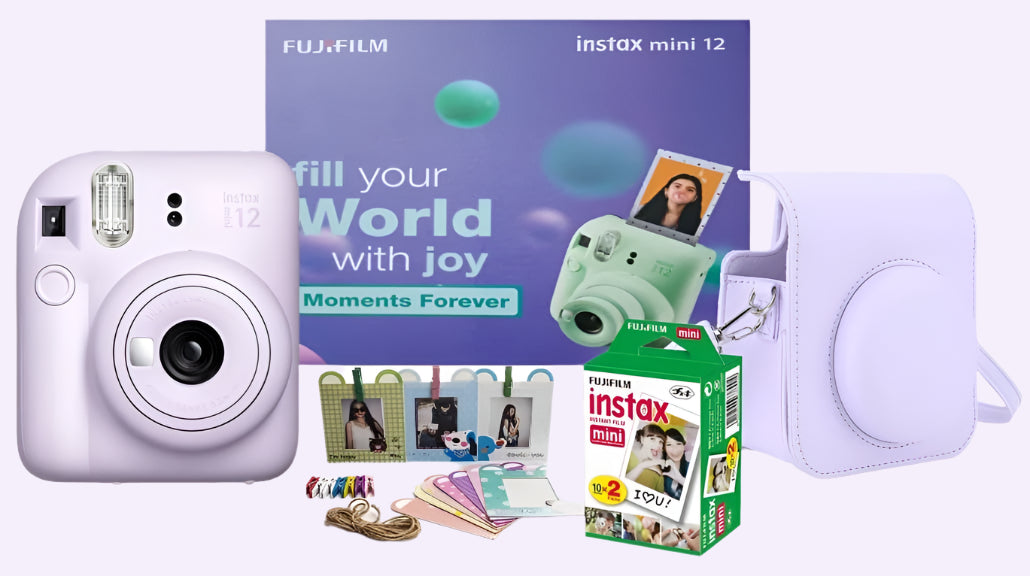 Fujifilm Instax Mini 12 Moments Forever Box Set – Instant Camera with 20 Glossy Films, Selfie Mirror, Close-Up Lens & Accessories | Includes Bunting & Carry Case | Perfect Gift for Capturing Memories