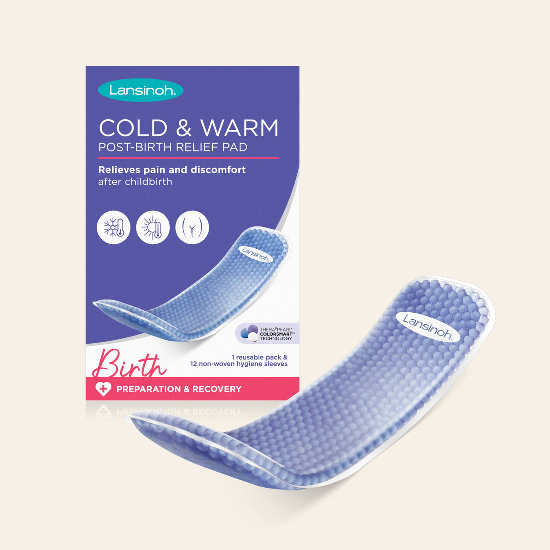 Lansinoh Cold & Warm Post-Birth Relief Pad – Reusable Gel Pack with Thera°Pearl® ColorSmart™ Technology | Dual Use for Perineal, Haemorrhoidal, and C-Section Relief | Includes 12 Hygiene Sleeves