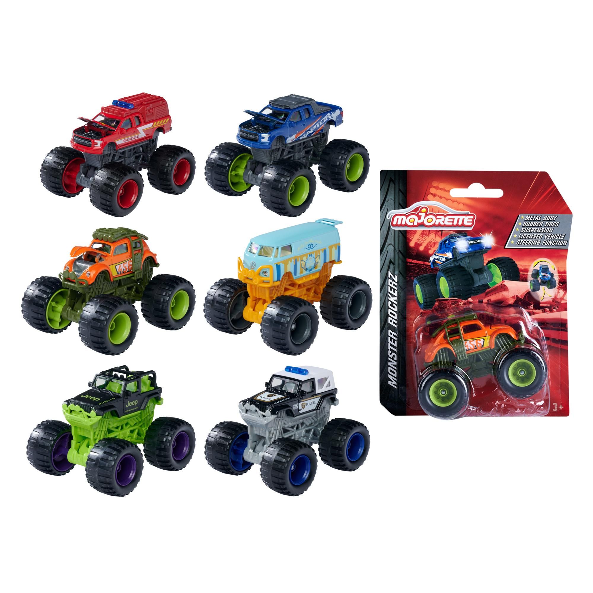 Majorette Monster Rockerz Series Die-Cast Monster Truck - 1 Randomly Selected Model | Includes VW T1, VW Beetle, Ford F-150 Raptor, Ford F-150 Raptor Fire Rescue, Jeep Wrangler Police, Jeep Wrangler Rubicon | Suspension, Steering, Rubber Tires - 3+ Years
