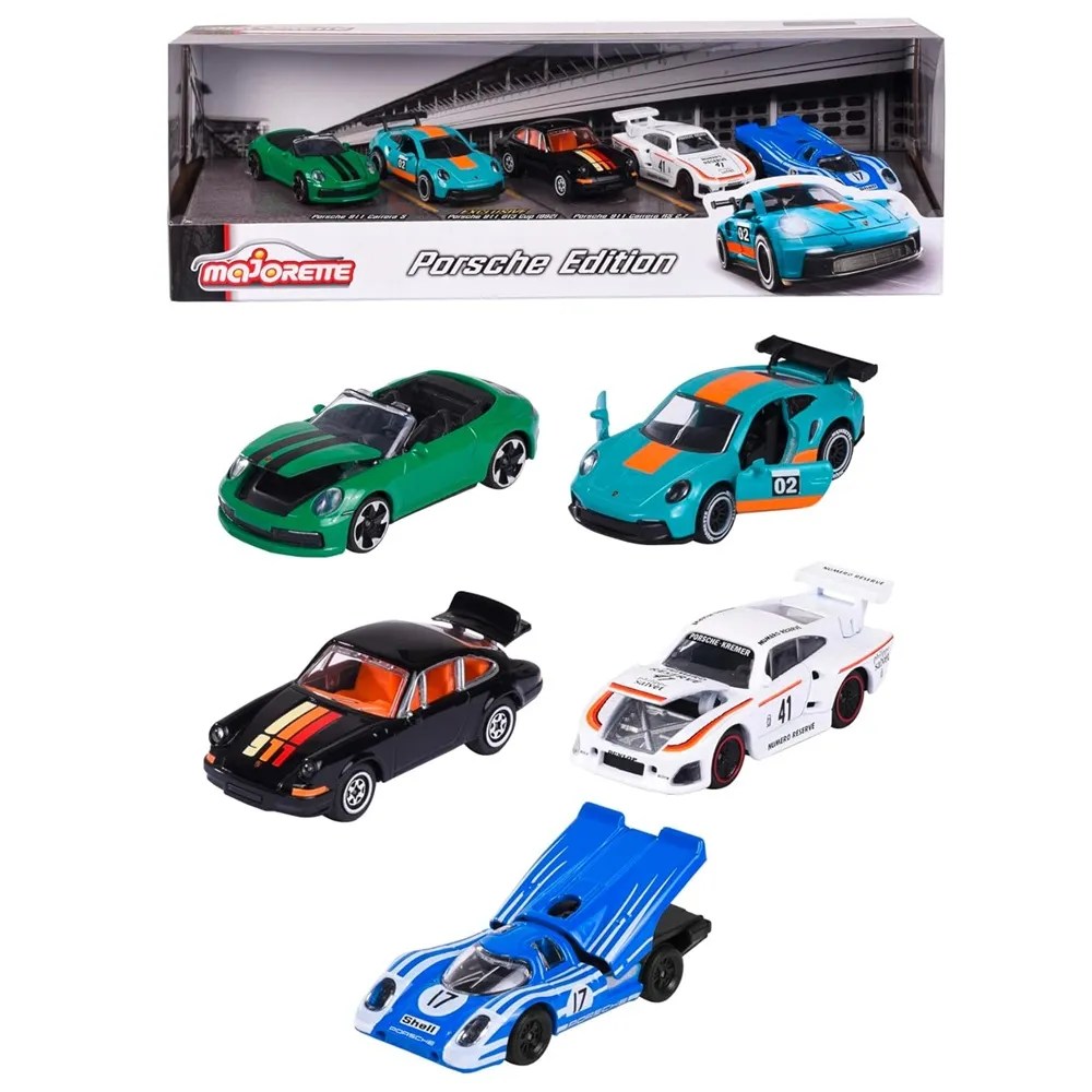 Majorette Diecast Porsche Edition Collection – Pack of 5 Luxury Porsche Model Cars – 1:64 Scale Miniature Vehicles with Opening Parts & Authentic Detailing – Officially Licensed Set for Kids & Collectors