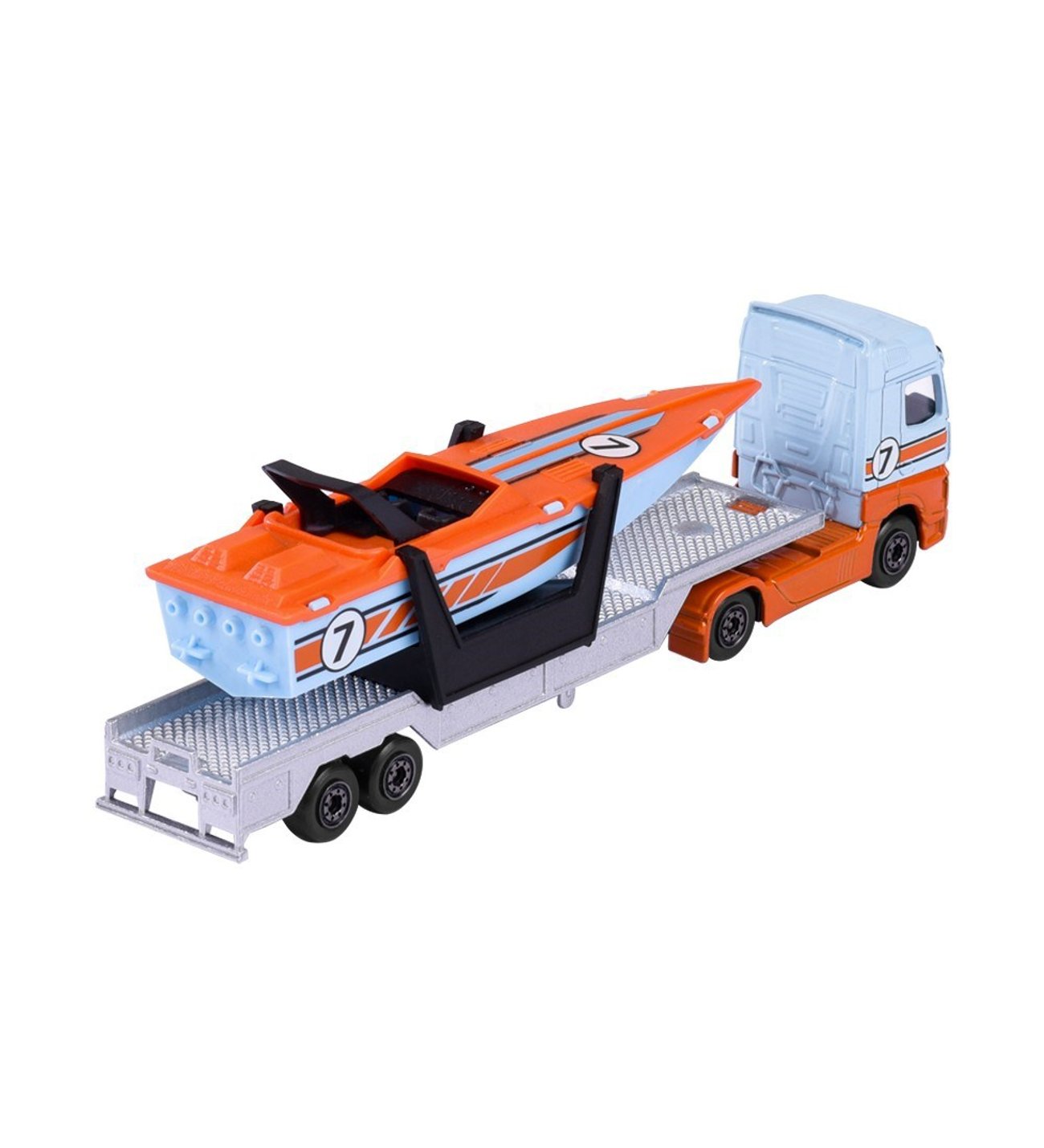 Majorette Transporter Series – Mercedes-Benz Actros & MAN TGX XXL Die-Cast Truck with Speedboat, Police Helicopter, Spacefleet, Tractor, Aeroplane & More | 3+ Years