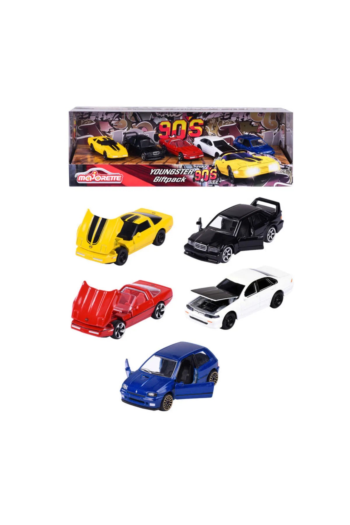 Majorette Youngsters 90’s 5-Piece Giftpack – Die-Cast Toy Cars Set | Includes Chevrolet Corvette C4 ZR-1, Mercedes-Benz 190 E, Nissan Cefiro & Renault Clio 16S – 1:64 Scale Metal Cars with Opening Parts – 3+ Years