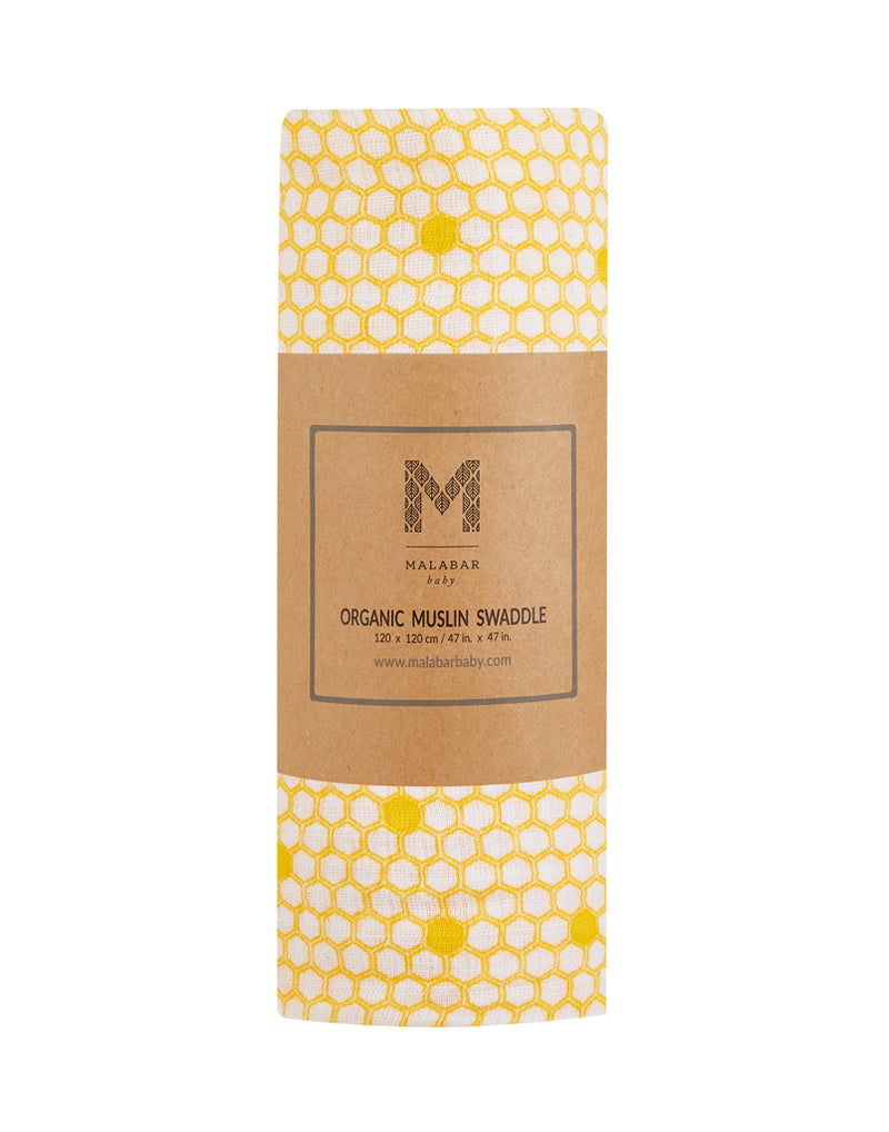 Malabar Baby Organic Muslin Swaddle - Hive Print | GOTS Certified Lightweight Cotton | 47" x 47" | Nature-Inspired Honeycomb Design for Newborns & Infants
