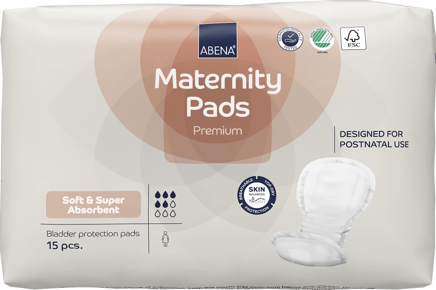 Abena Premium Maternity Pads package featuring super absorbent postpartum essentials for women