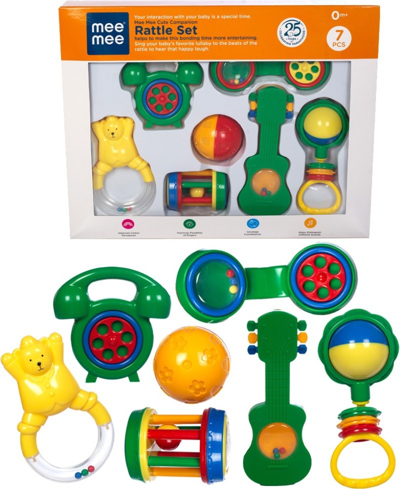Mee Mee Baby Rattle Gift Set (7 Pieces) | 100% Safe & Non-Toxic Rattles for Newborns & Infants | BPA-Free Sensory Toys for Early Development & Hand-Eye Coordination | Color & Print may vary