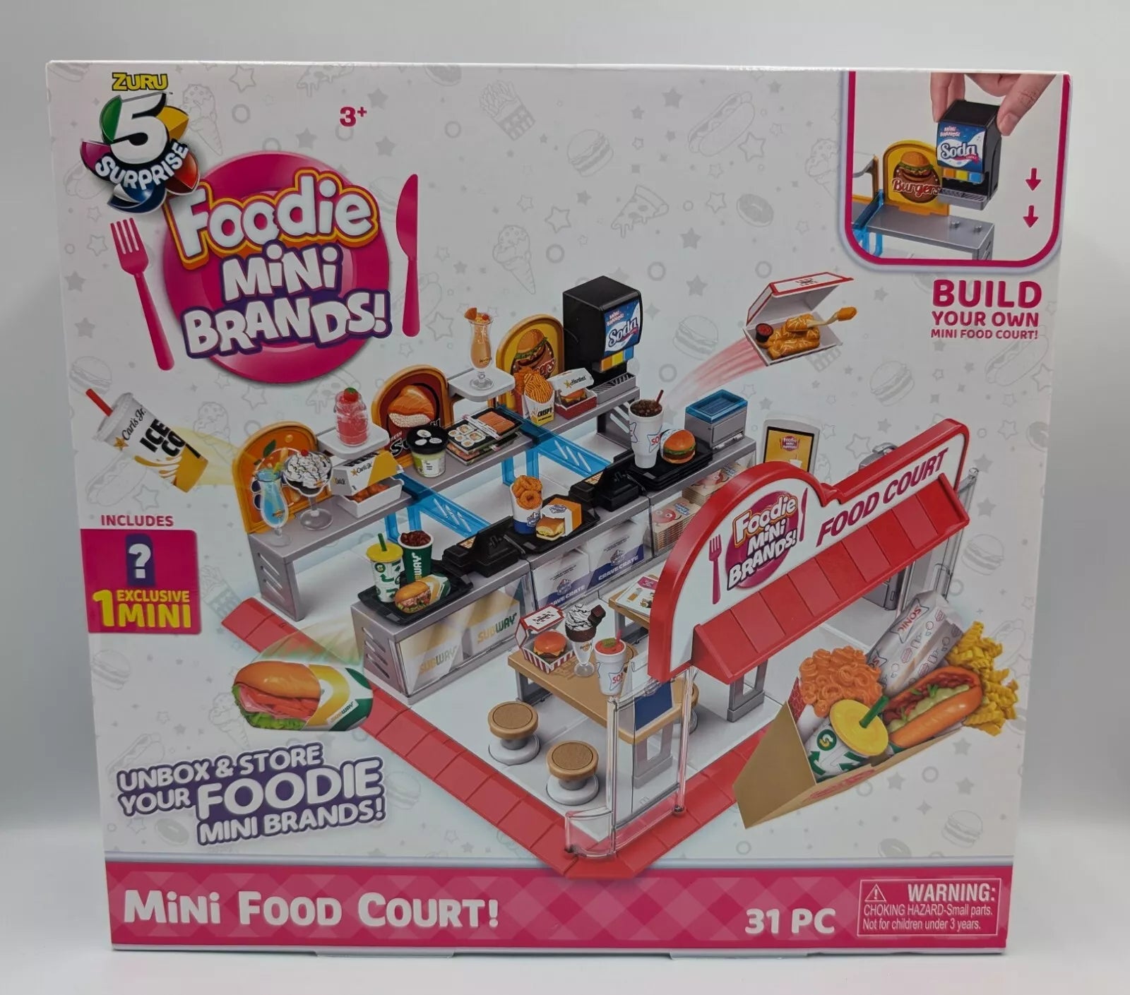 Zuru 5 Surprise Foodie Mini Brands Mini Food Court Playset - Includes Exclusive Mini, 31-Piece Set with Food Court Entrance, Dining Area & Food Accessories for Kids 3+ Years
