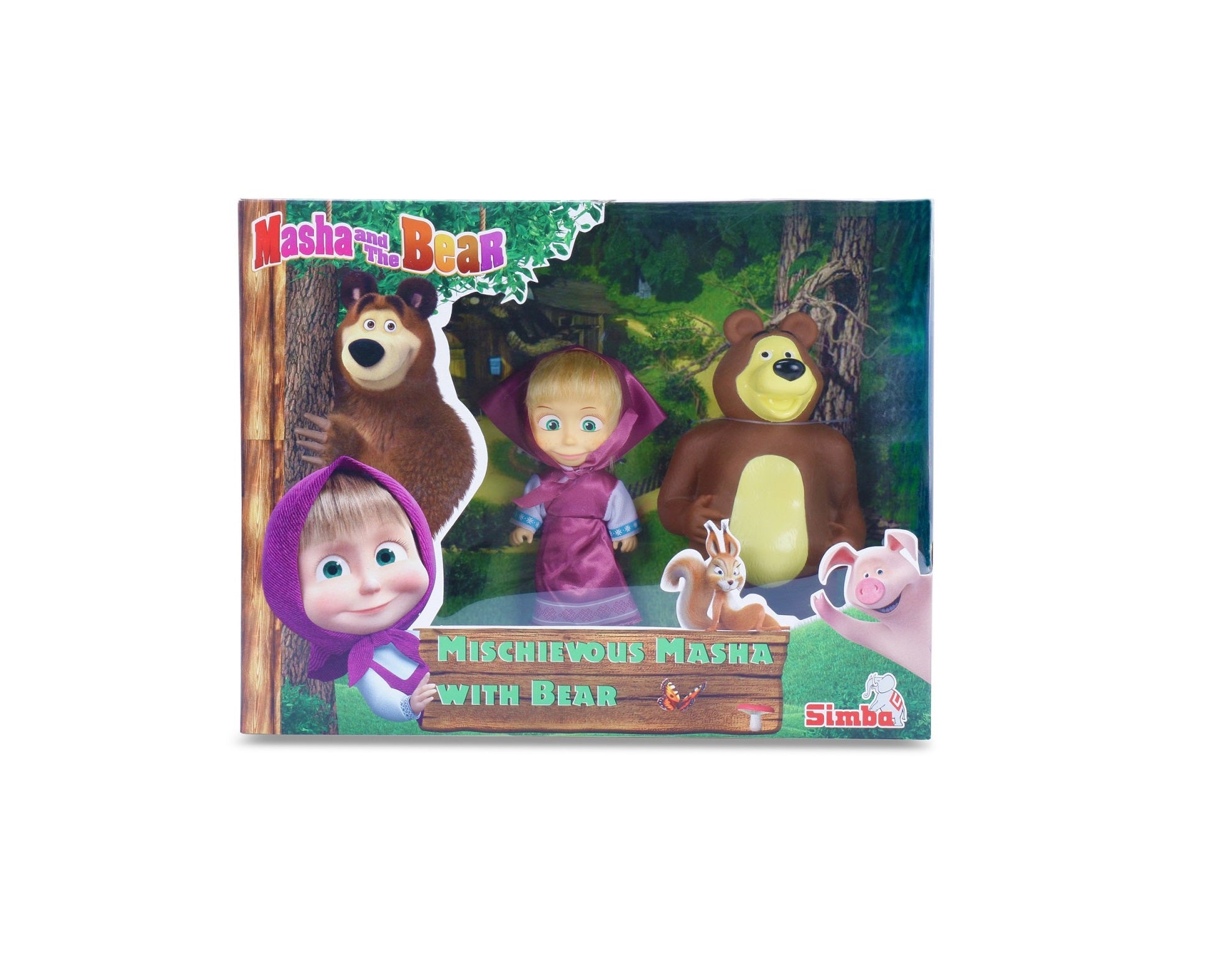 Toy set packaging featuring Masha and the Bear with Masha and a bear on a white background.