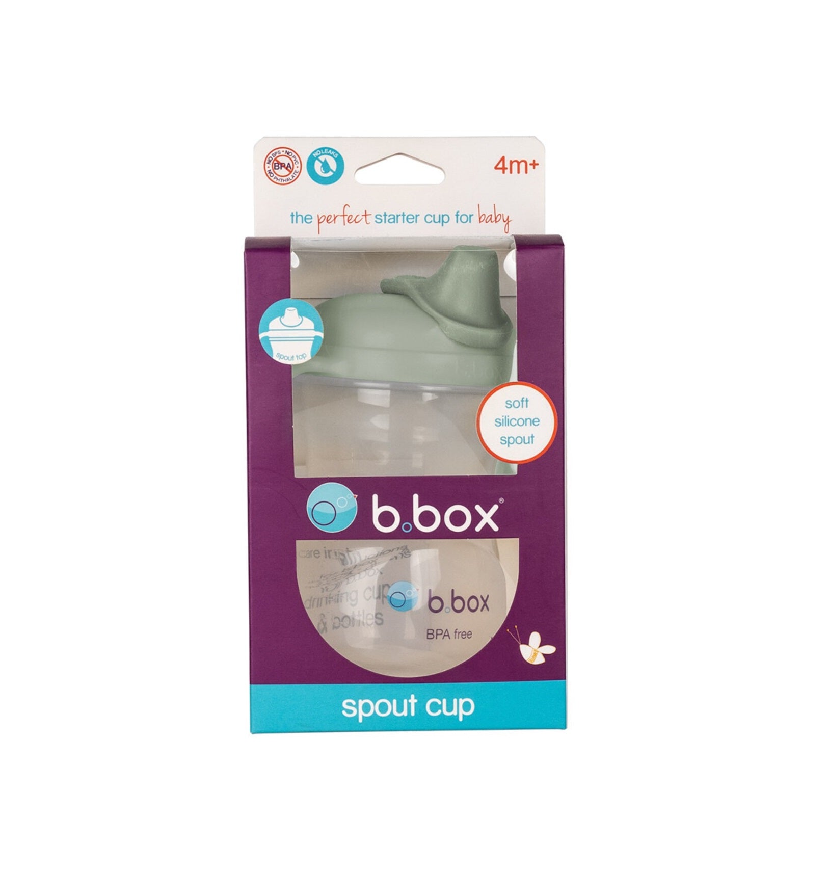 b.box Soft Silicone Spout Cup for 4m+ | Sage Green | 240ml - Baby Transition Training Cup with Hygienic Built-In Lid & Easy-Grip Handles | Leak-Proof BPA-Free First Cup