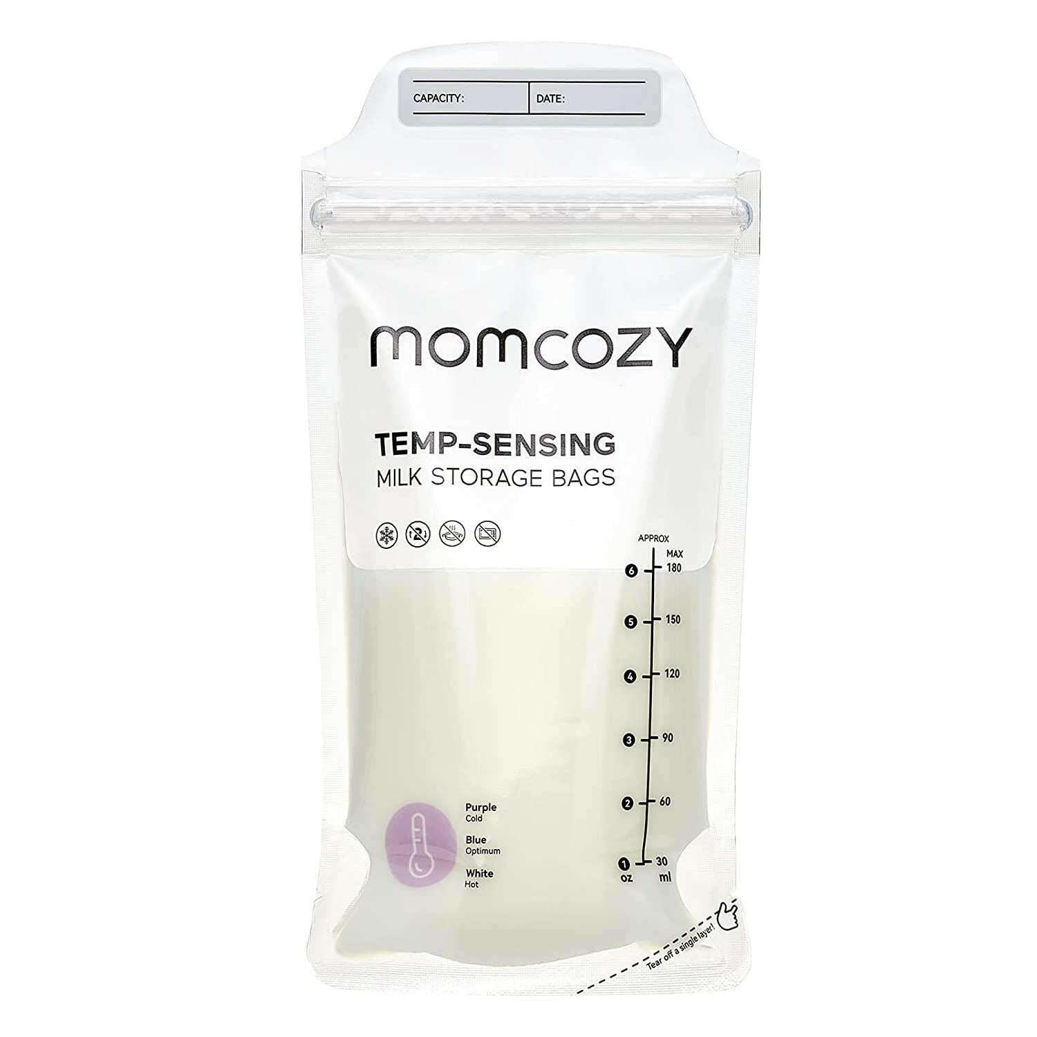 Momcozy Temp-Sensing Breast Milk Storage Bags - Leakproof, BPA-Free, Presterilized Double Zipper Seal Bags for Freezer & Safe Breastmilk Storage - 50pcs | 180ml