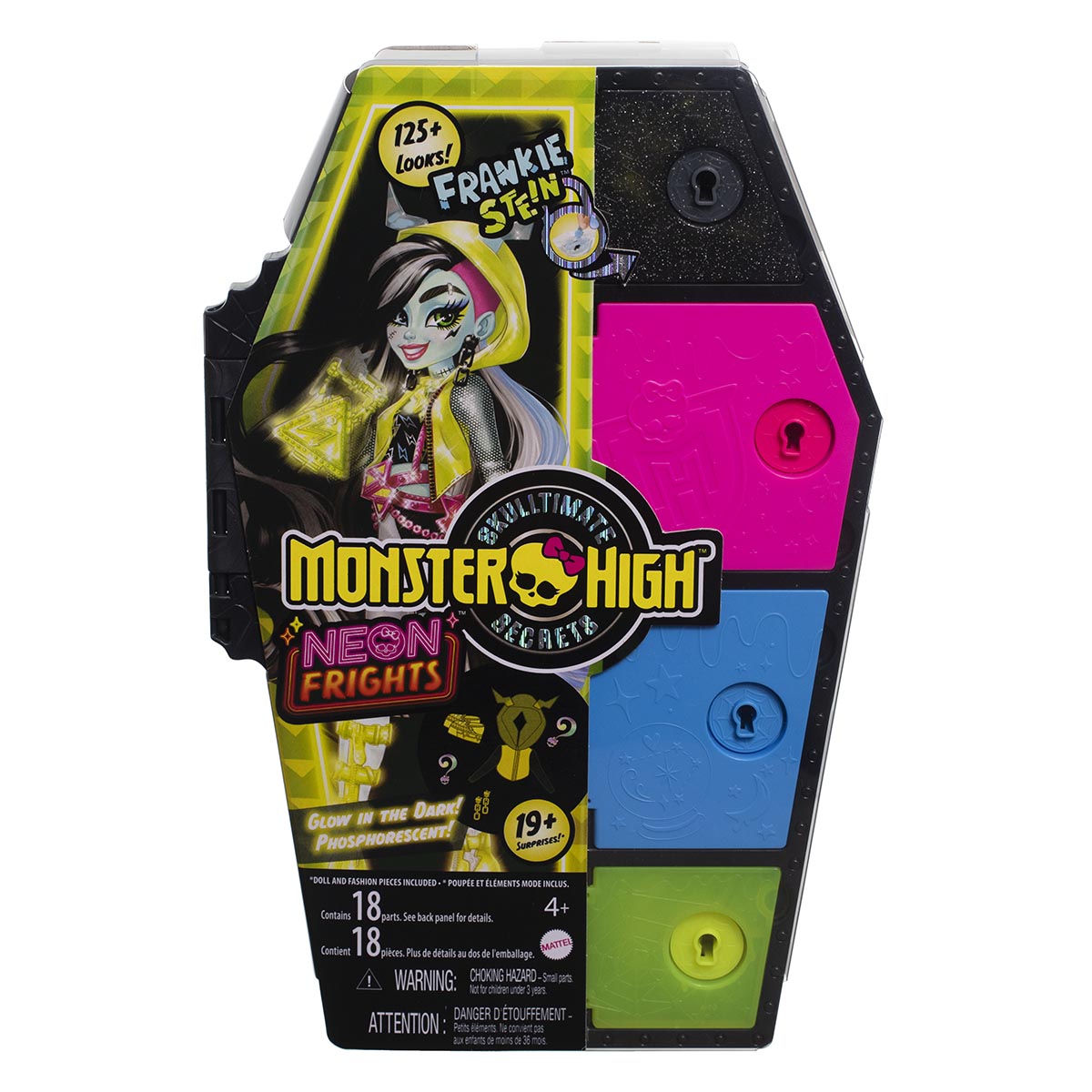 Monster High Skulltimate Secrets: Neon Frights Frankie Stein Doll Set | 125+ Looks, Glow-in-the-Dark Accessories & 19+ Surprises | Coffin Locker Storage for Kids Age 4+