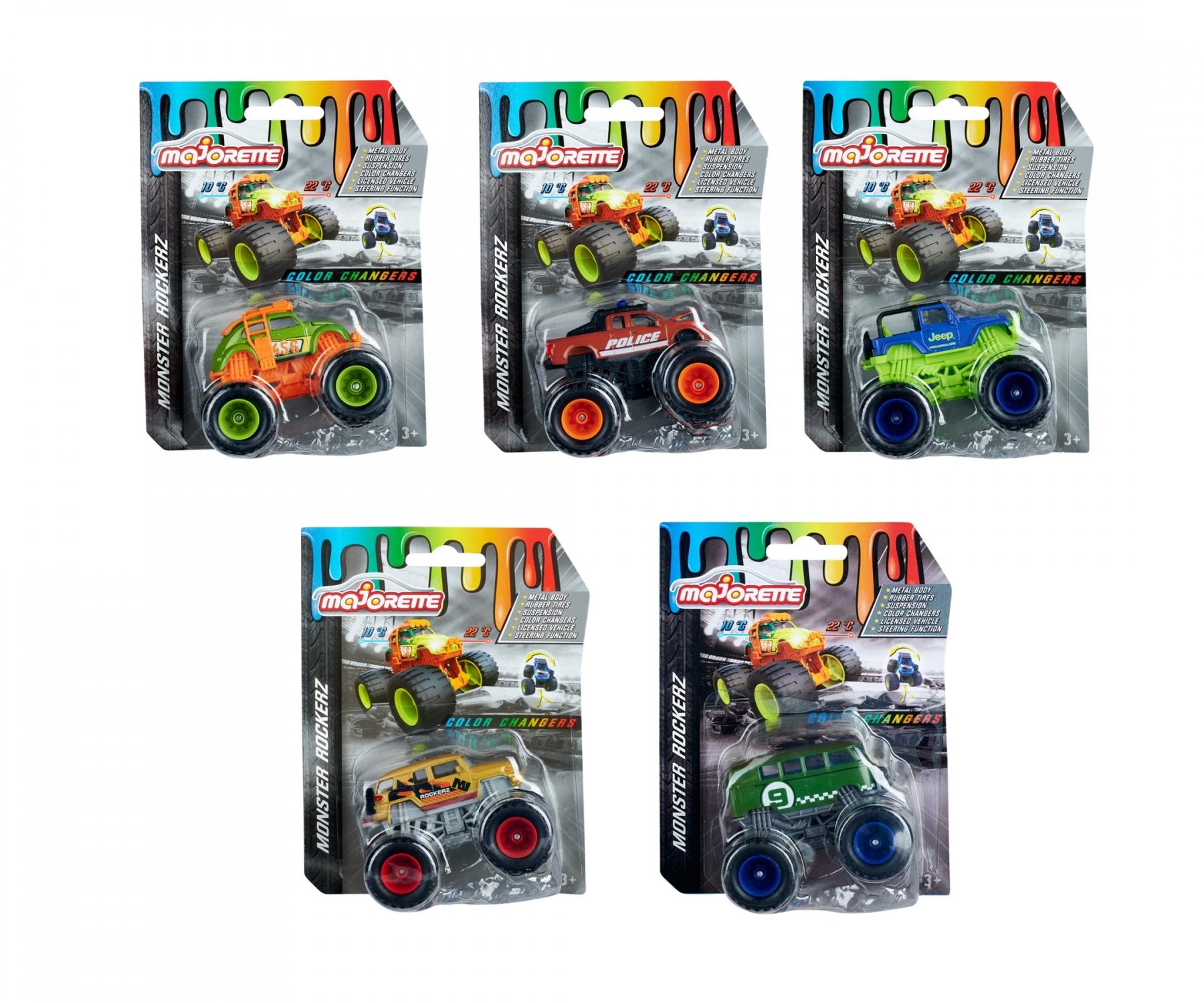 Majorette Monster Rockerz Color Changers – Volkswagen Beetle, Ford F-150 Raptor, Jeep Wrangler, Volkswagen T1, Toyota FJ Cruiser | 1 Random Monster Truck with Metal Body, Suspension & Color-Changing Paint | 3+ Years