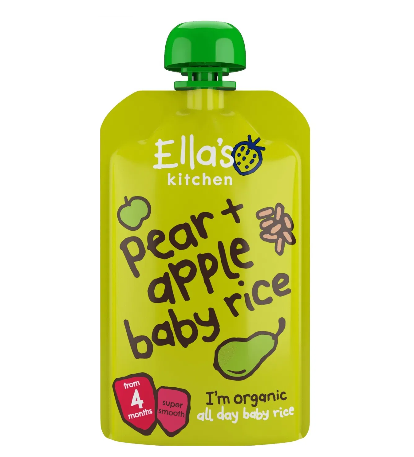 Ella's Kitchen Pear & Apple Baby Rice – Organic Super Smooth Baby Rice Puree for 4+ Months – 120g Pouch – No Added Sugar, Salt, or Water – Naturally Sweet & Gluten-Free