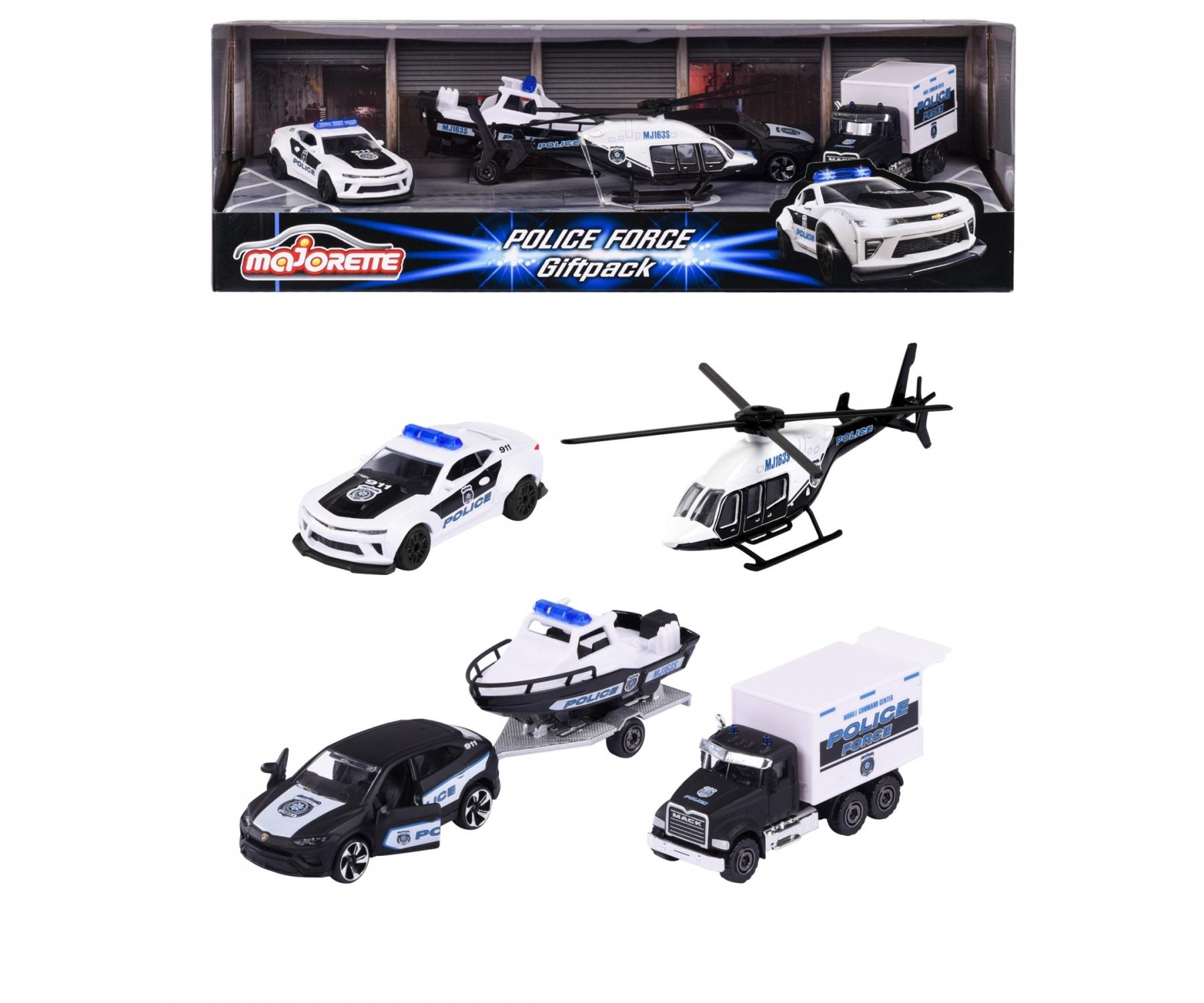 Majorette Police Force 4-Piece Die-Cast Vehicle Gift Set – Police Car, Truck, Helicopter & Boat Trailer – Realistic Emergency Vehicles for Kids 3+ Years