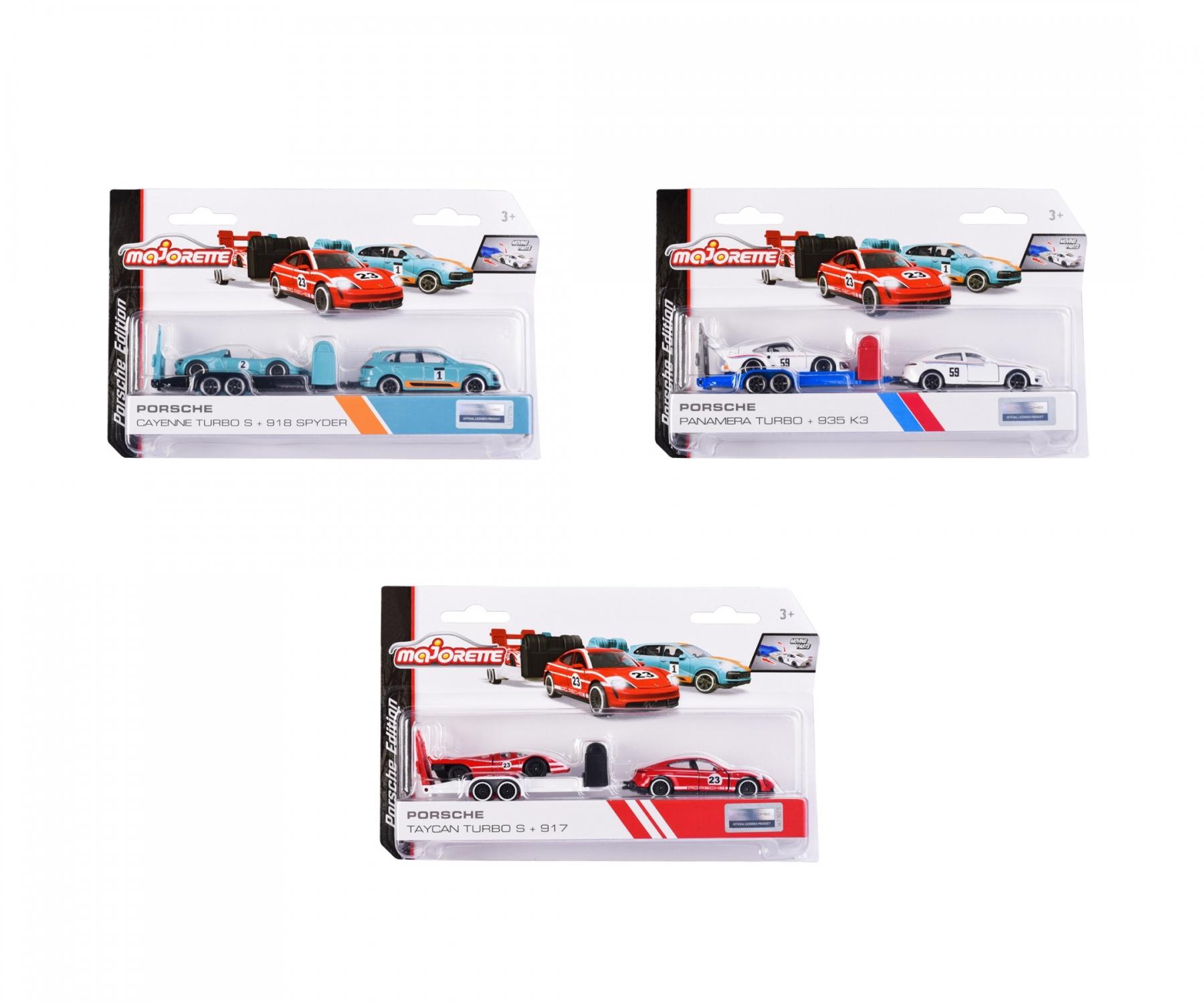 Majorette Porsche Race Trailer Set – Officially Licensed 1:64 Scale Die-Cast Toy Cars with Trailer | Porsche Cayenne, Panamera, Taycan with Matching Race Cars | Metal Body & Opening Parts | Ages 3+