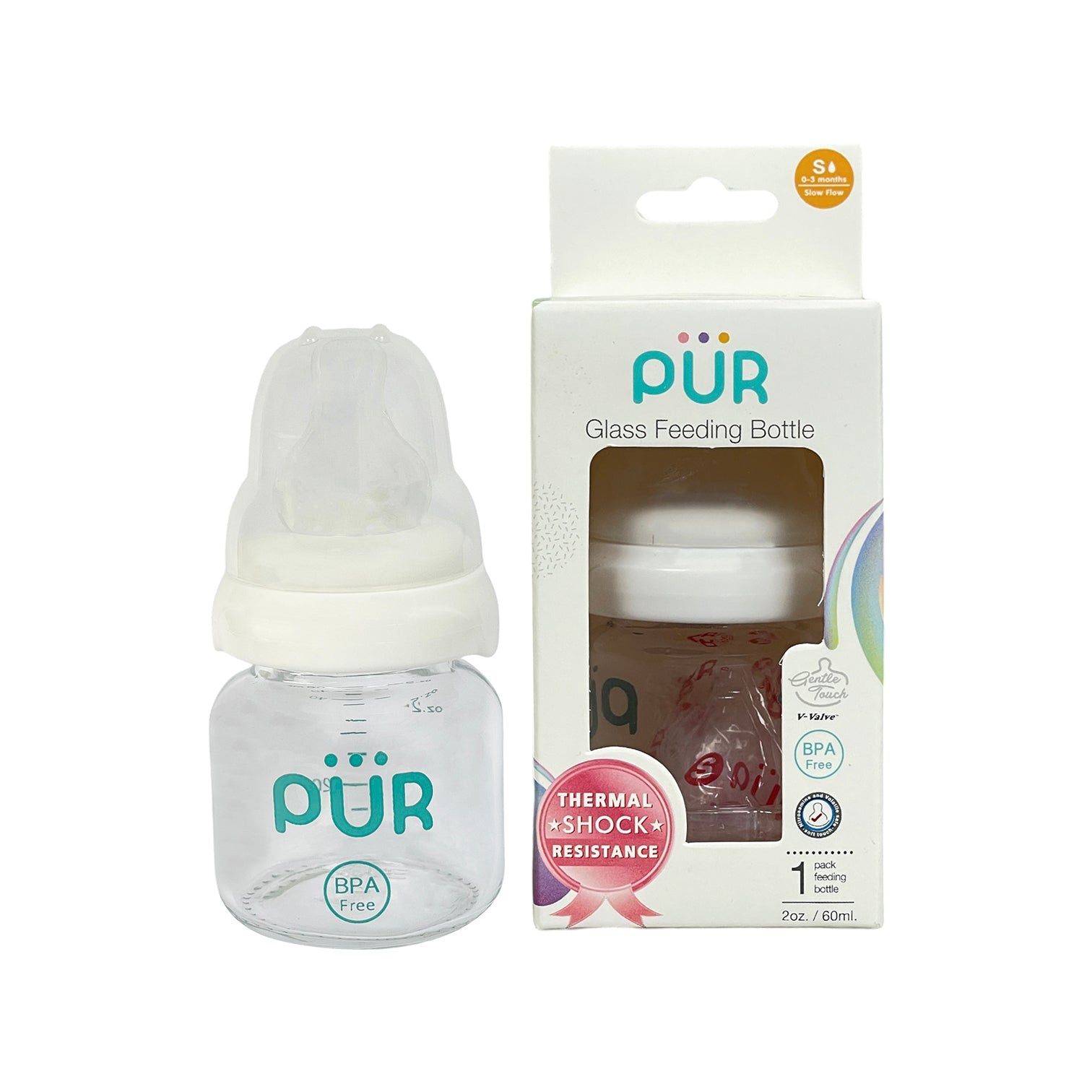 PUR glass feeding bottle with packaging on a white background