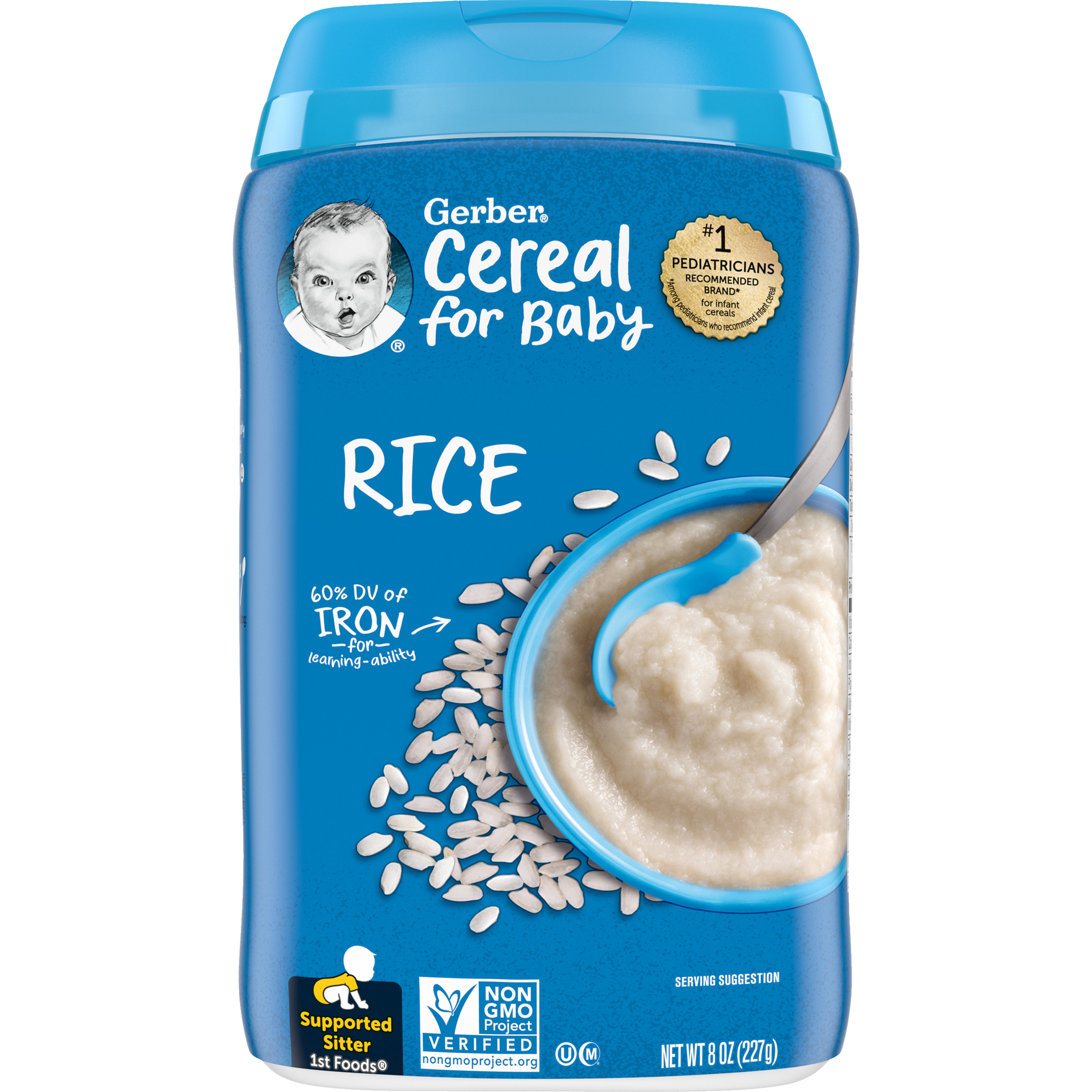 Gerber Single Grain Rice Cereal – Supported Sitter First Foods for 6+ Months – Fortified with Iron, Calcium, Zinc & B Vitamins – Gluten-Free Baby Cereal (227g)